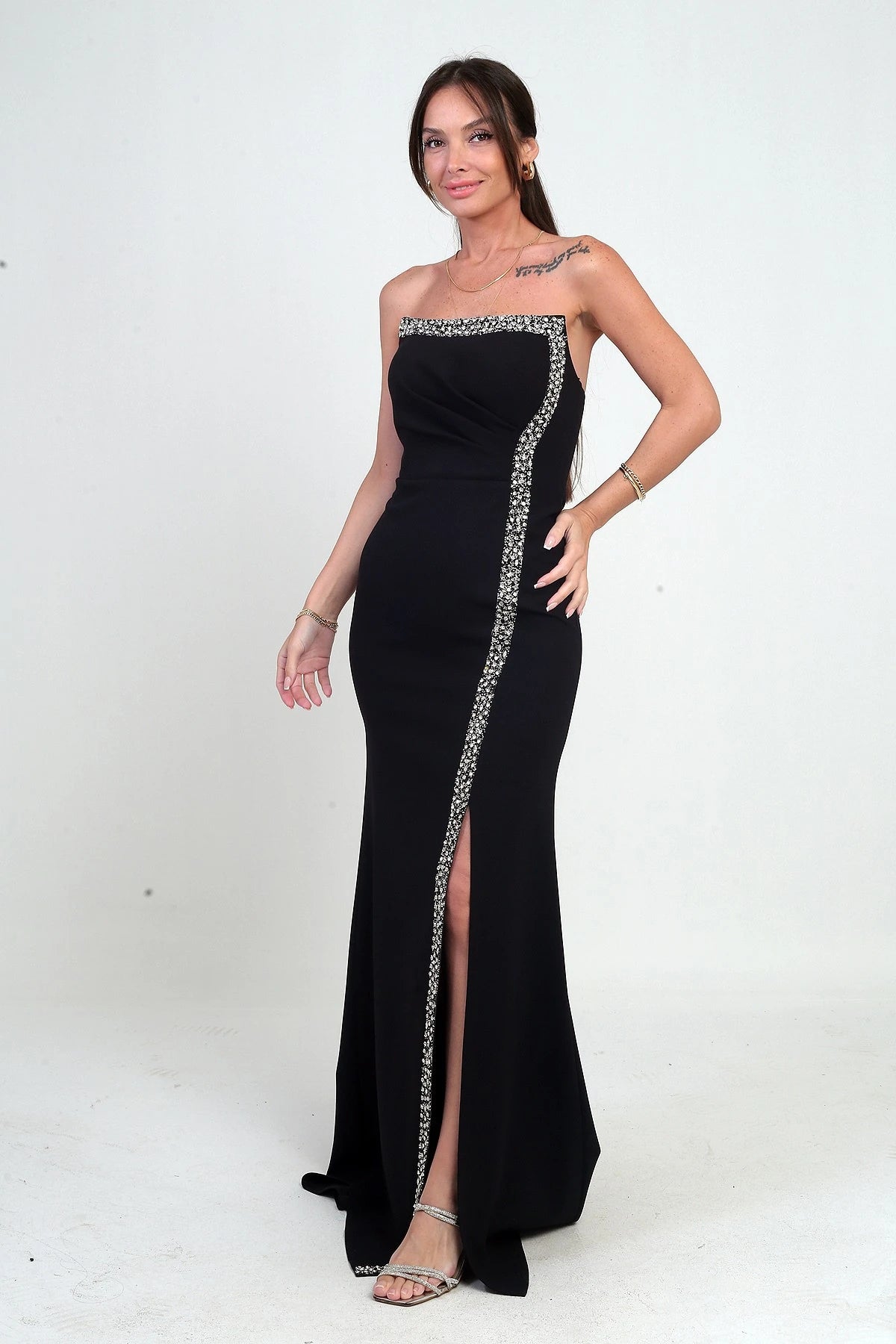 Image of Women's Long Crepe Dress with Draped Front and Stone Embellishments