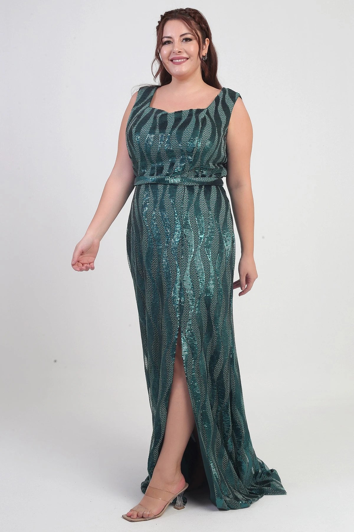 Image of Women's Square Neck Lined Sequin Plus Size Long Dress