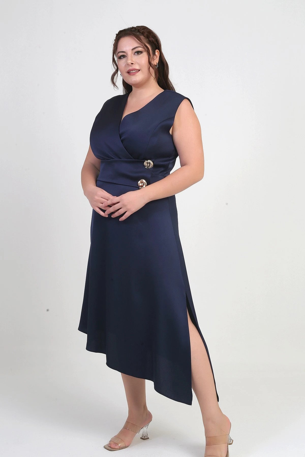 Image of Rochie de damă cu imprimeu floral, asimetrică, din crep satinat, mărime plus