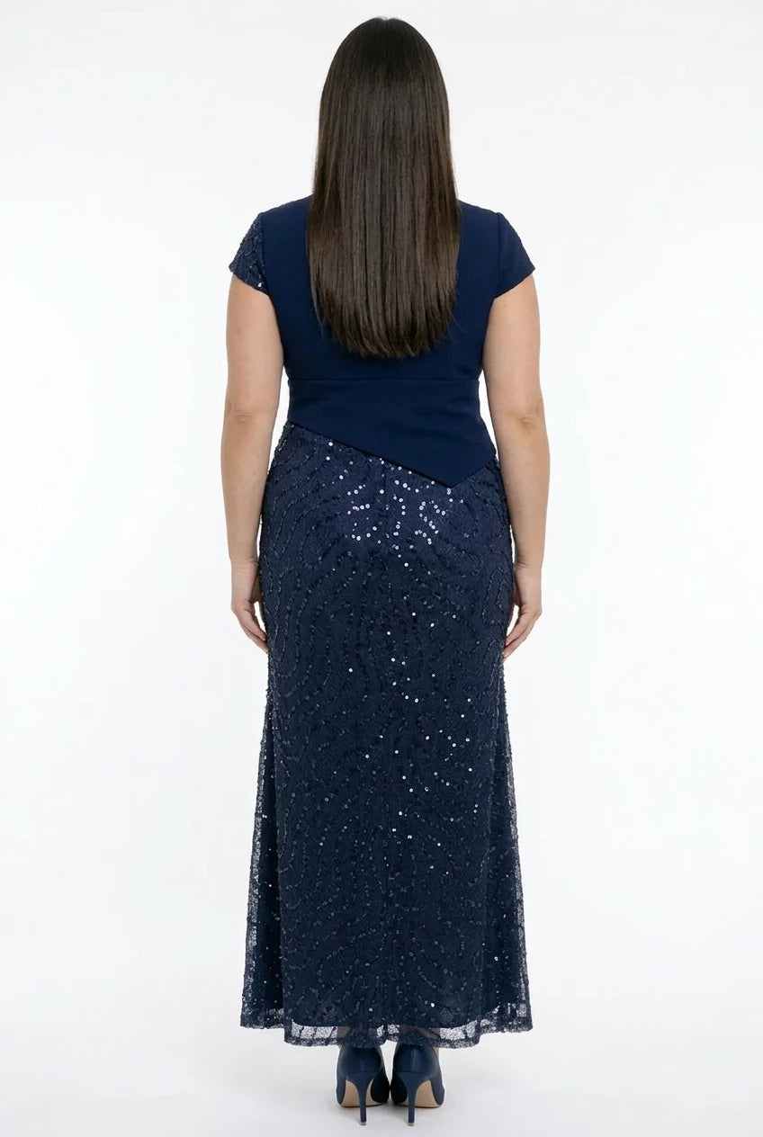 Image of Women's Vest-Style Half-Moon Sleeved Lined Sequined and Beaded Plus Size Long Dress