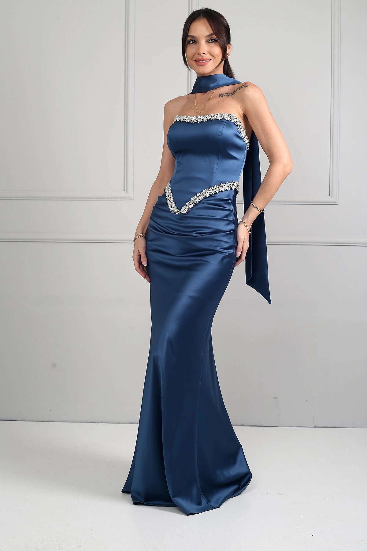 Image of Women's Strapless, Sheer Strap, Lined, Sparkling Stone Detail, Draped Front, Bias-Shaped Skirt Satin Long Dress