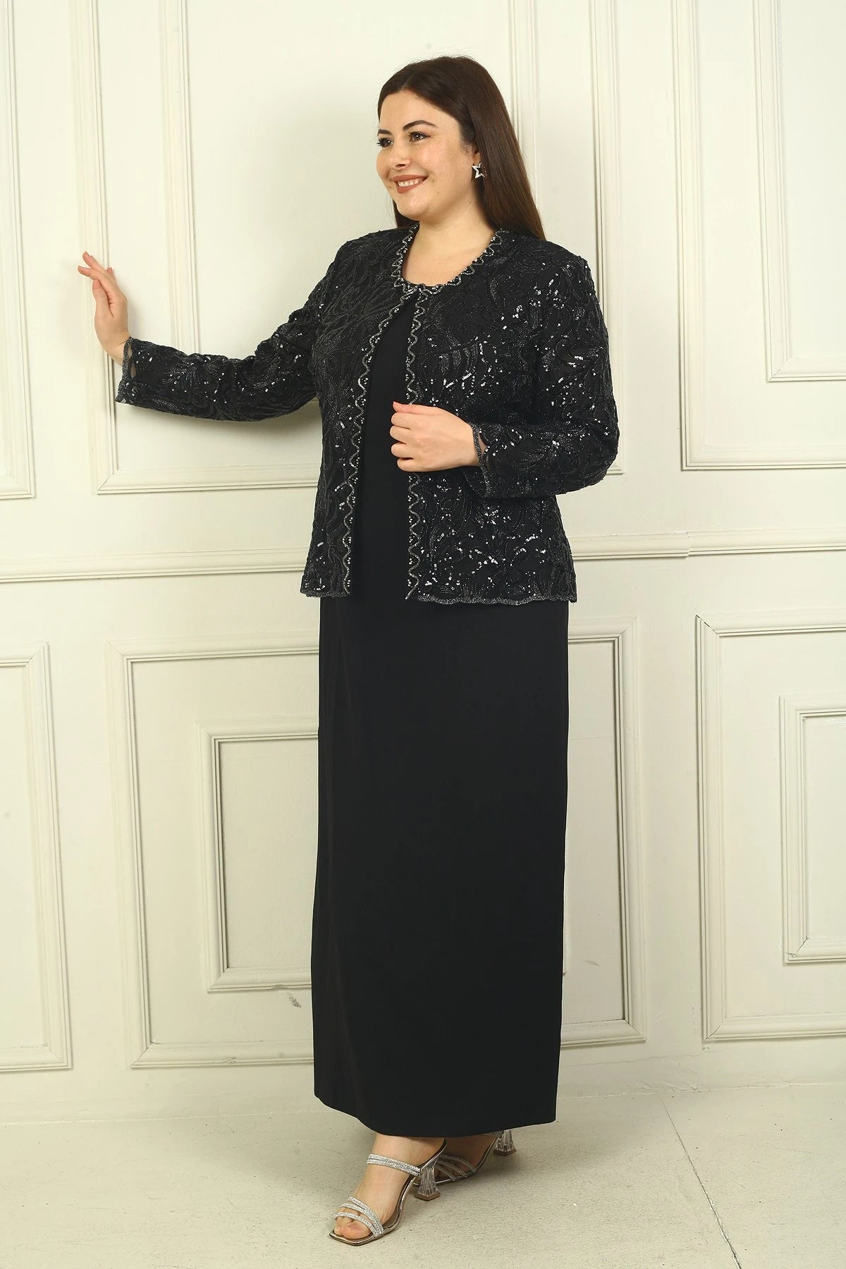 Image of Women's Sequin Embellished Beaded Tulle Jacket, Half-Moon Sleeve Long Dress, Lined Crepe, Plus Size 2-Piece Set