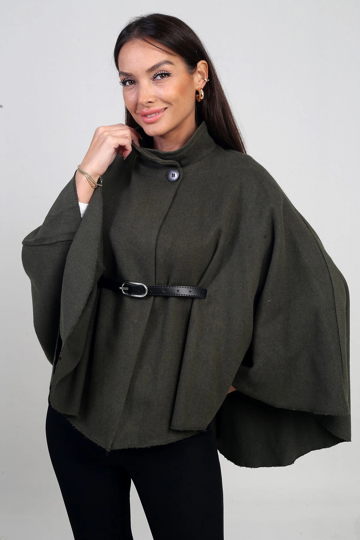 Image of Women's Buttoned Belted Cashmere Poncho