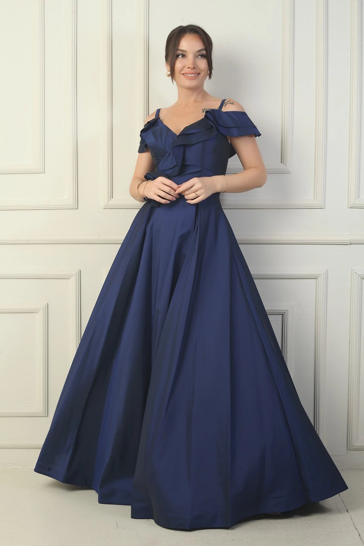 Image of Women's Strappy Boat Neck Long Taffeta Evening Dress with Rose Detail, Lined, and Pockets