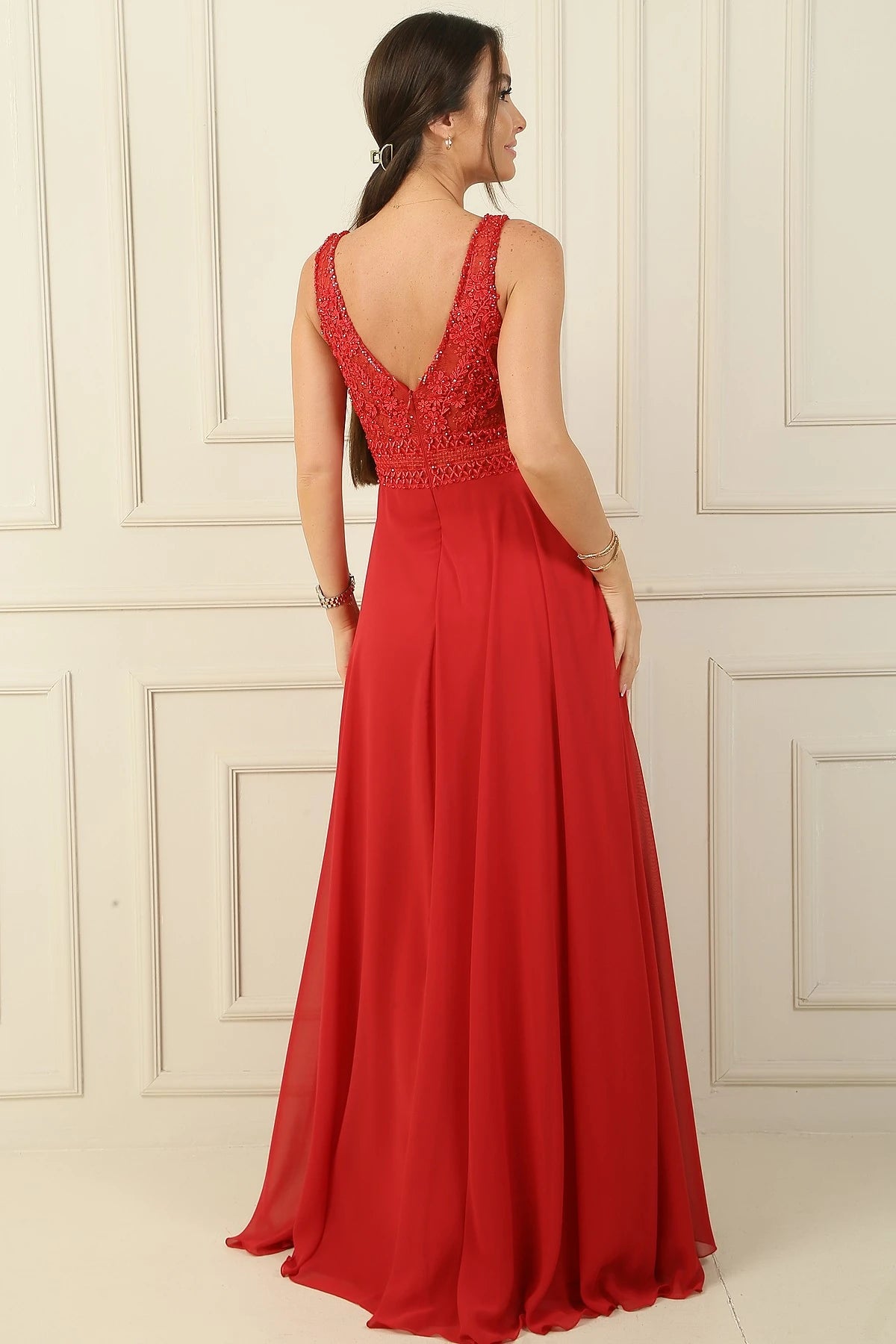 Image of Front and Back V-Neck Top Beaded Floral Motif Lined Long Chiffon Evening Dress