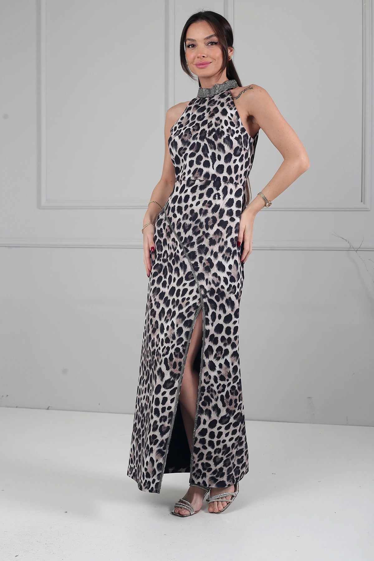 Image of Rochie midi cu imprimeu leopard și detalii în carouri pentru femei
