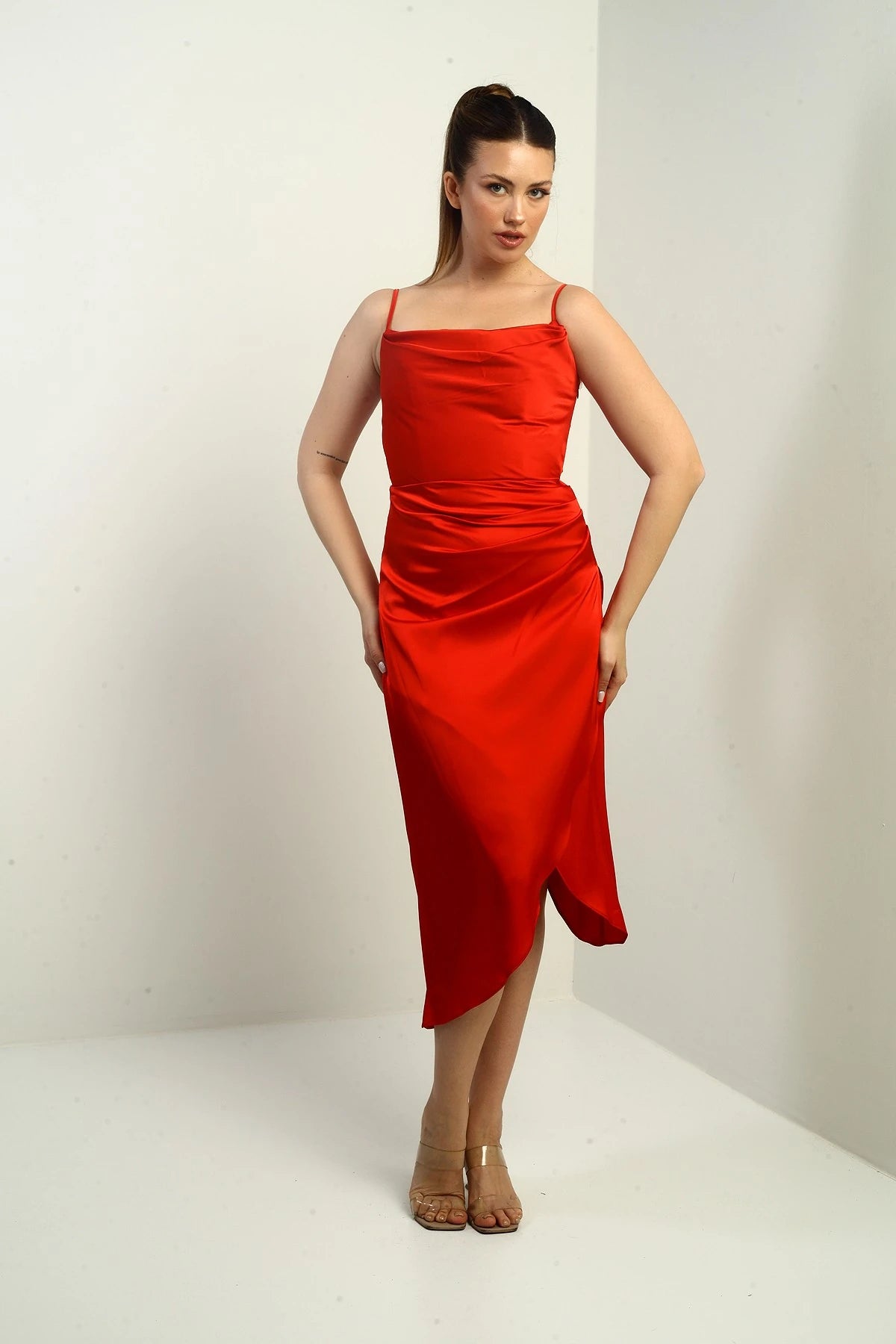 Image of Women's Strappy Draped Lined Asymmetrical Midi Dress