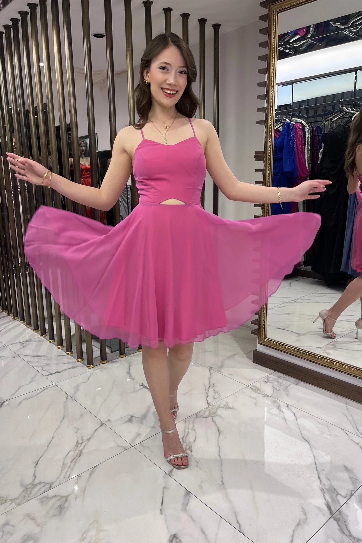 Image of Women's Strappy, Back-Tie, Front-Opening, Lined Chiffon Short Flared Dress