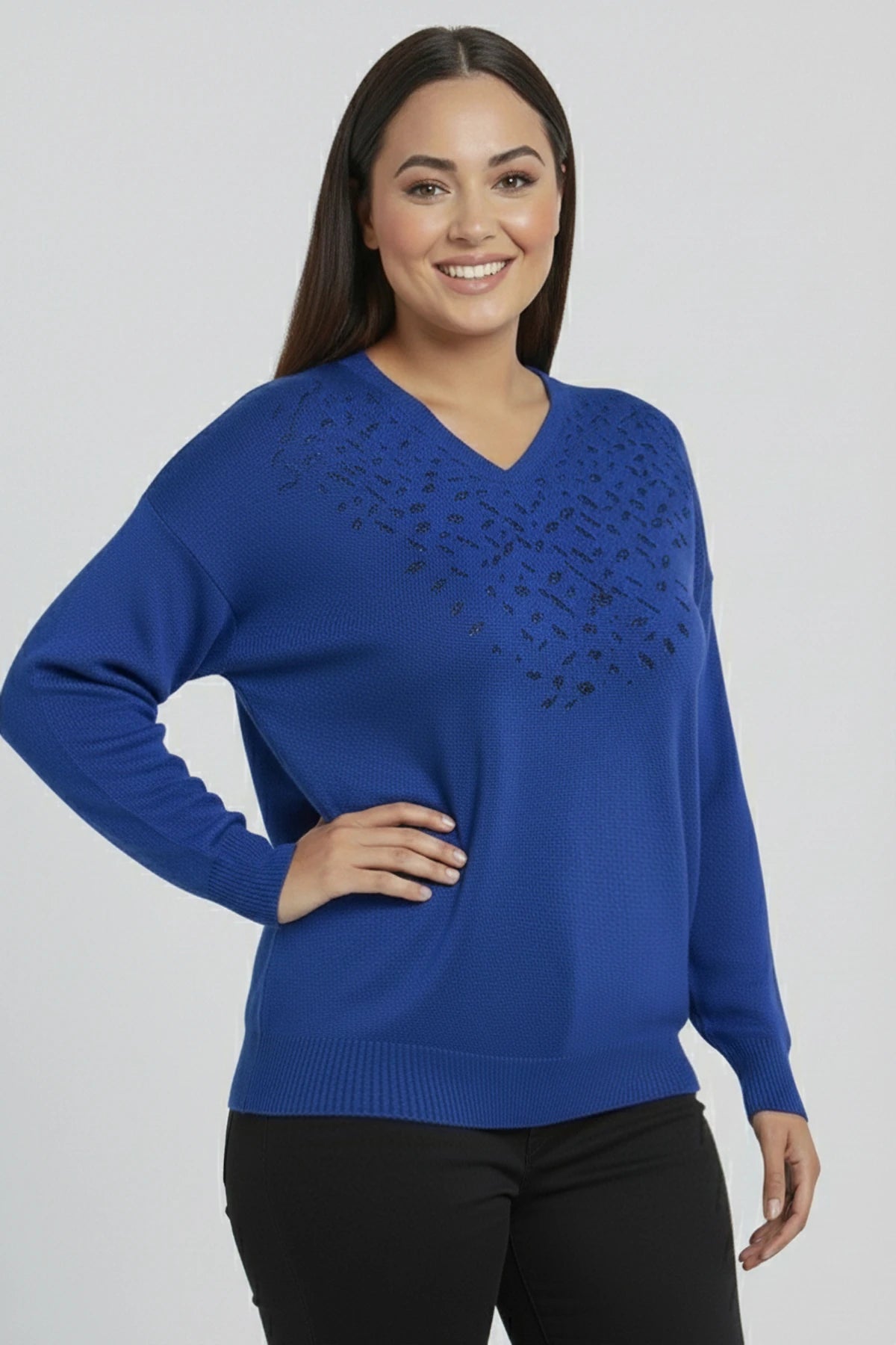 Image of Women's V-Neck Plus Size Knitted Blouse with Glitter Detail on the Front