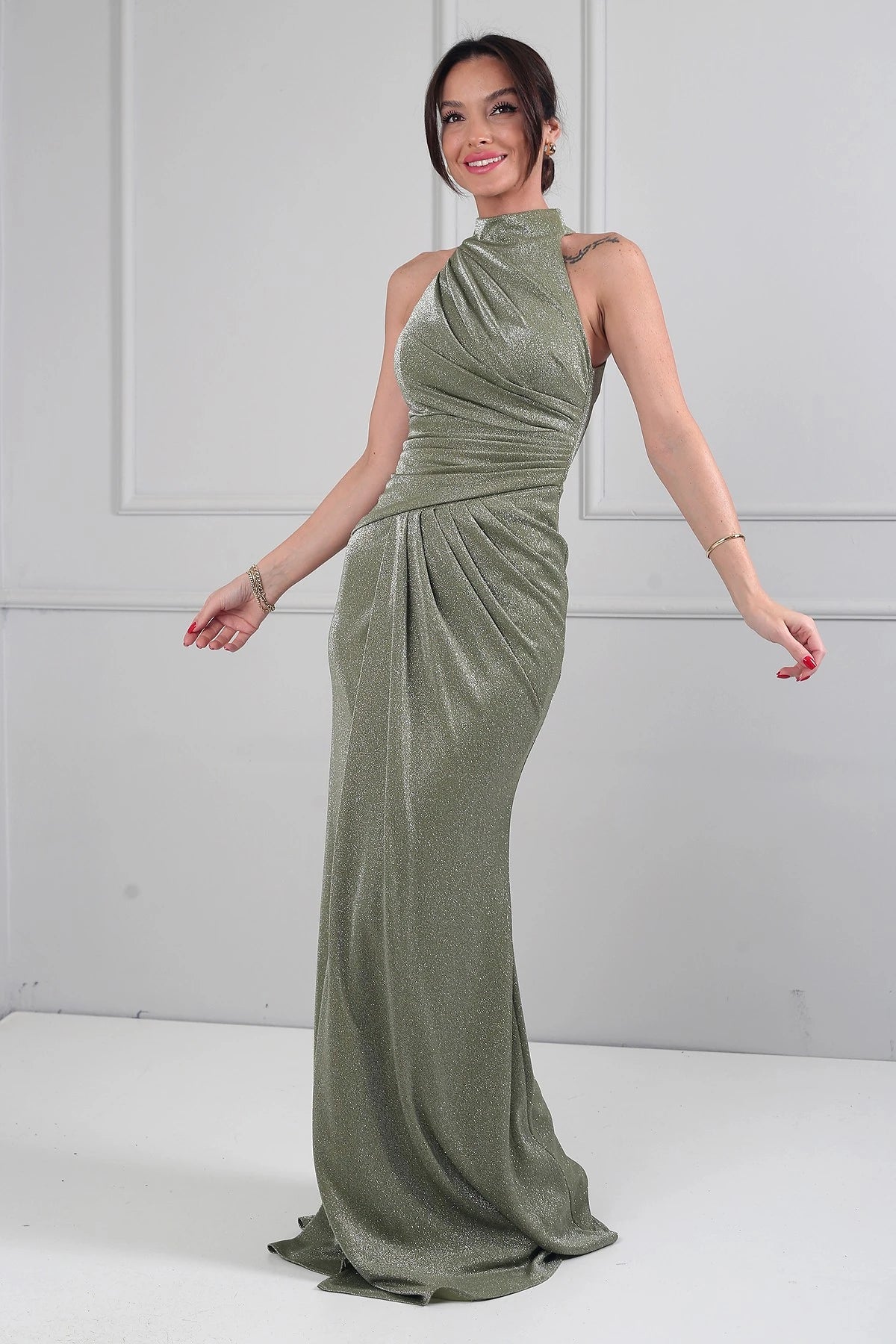 Image of Women's Halter Neck Lined Draped Glitter Long Dress