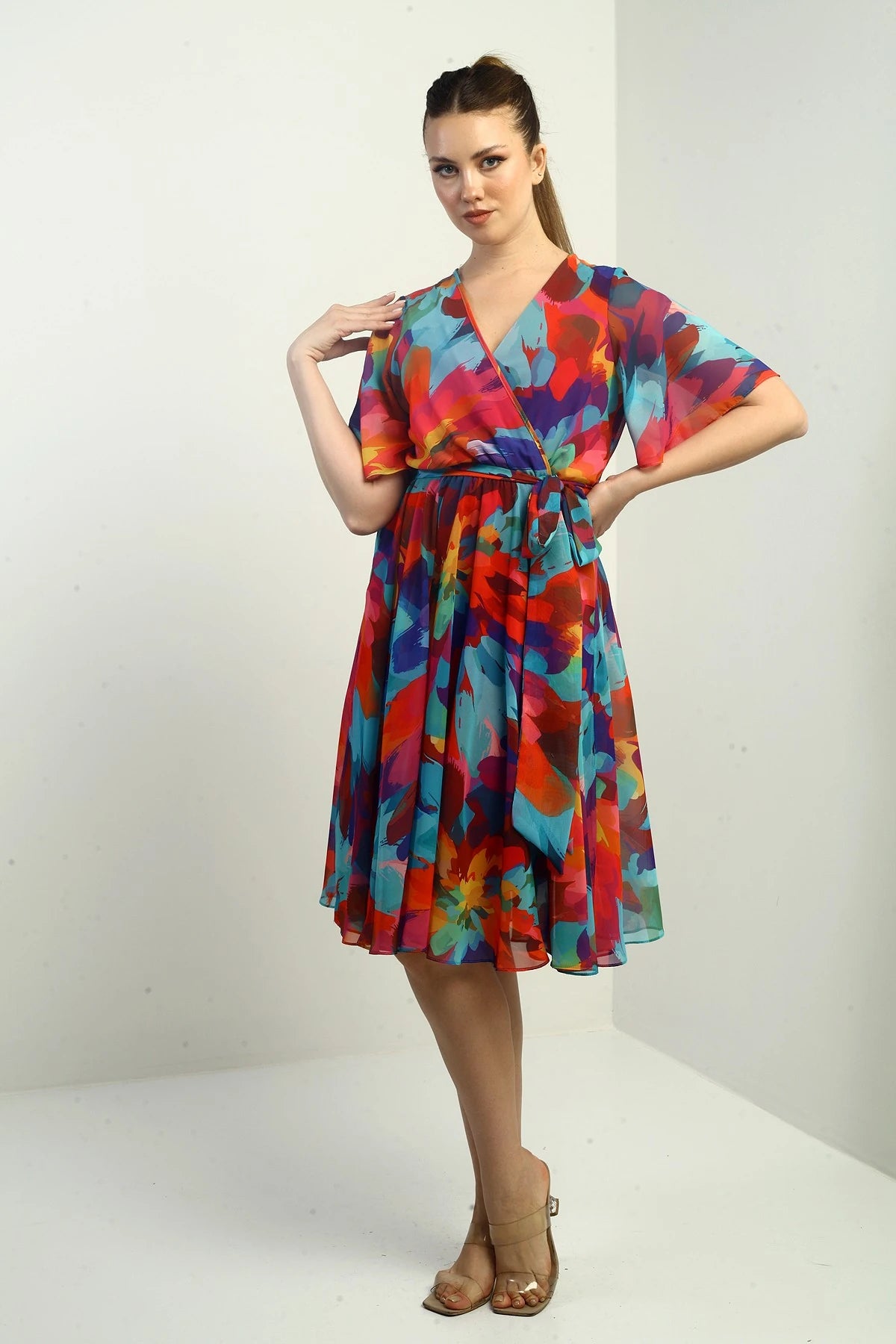 Image of Women's Wrap Neckline Lined Chiffon Rainbow Dress with Belt