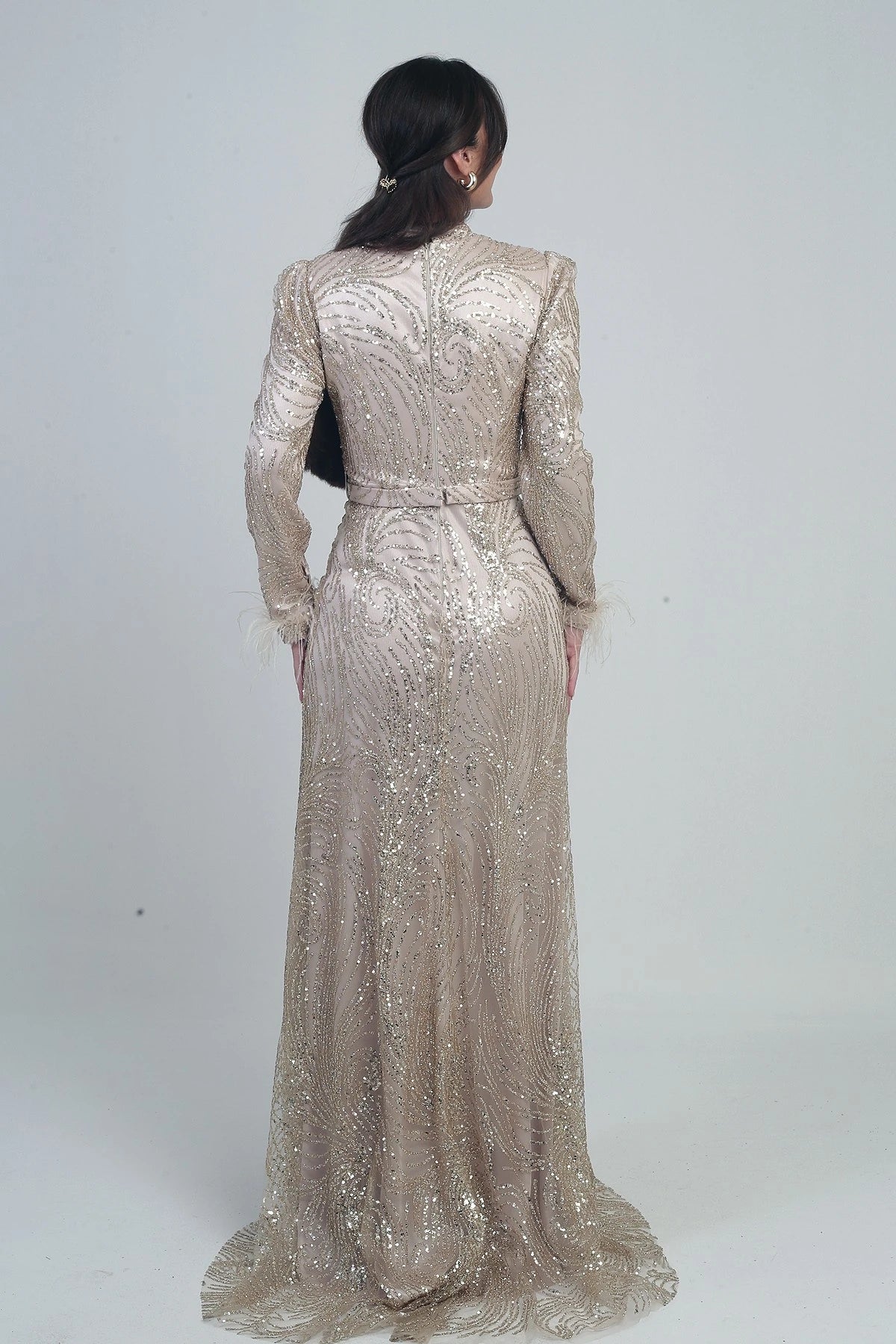 Image of Women's Long Tulle Dress with Feathered Sleeves, Beads and Sequins, and Lining