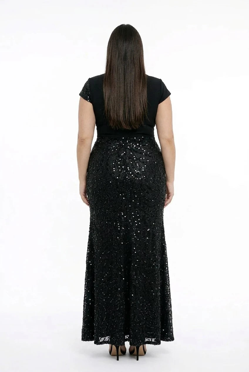 Image of Women's Vest-Style Half-Moon Sleeved Lined Sequined and Beaded Plus Size Long Dress