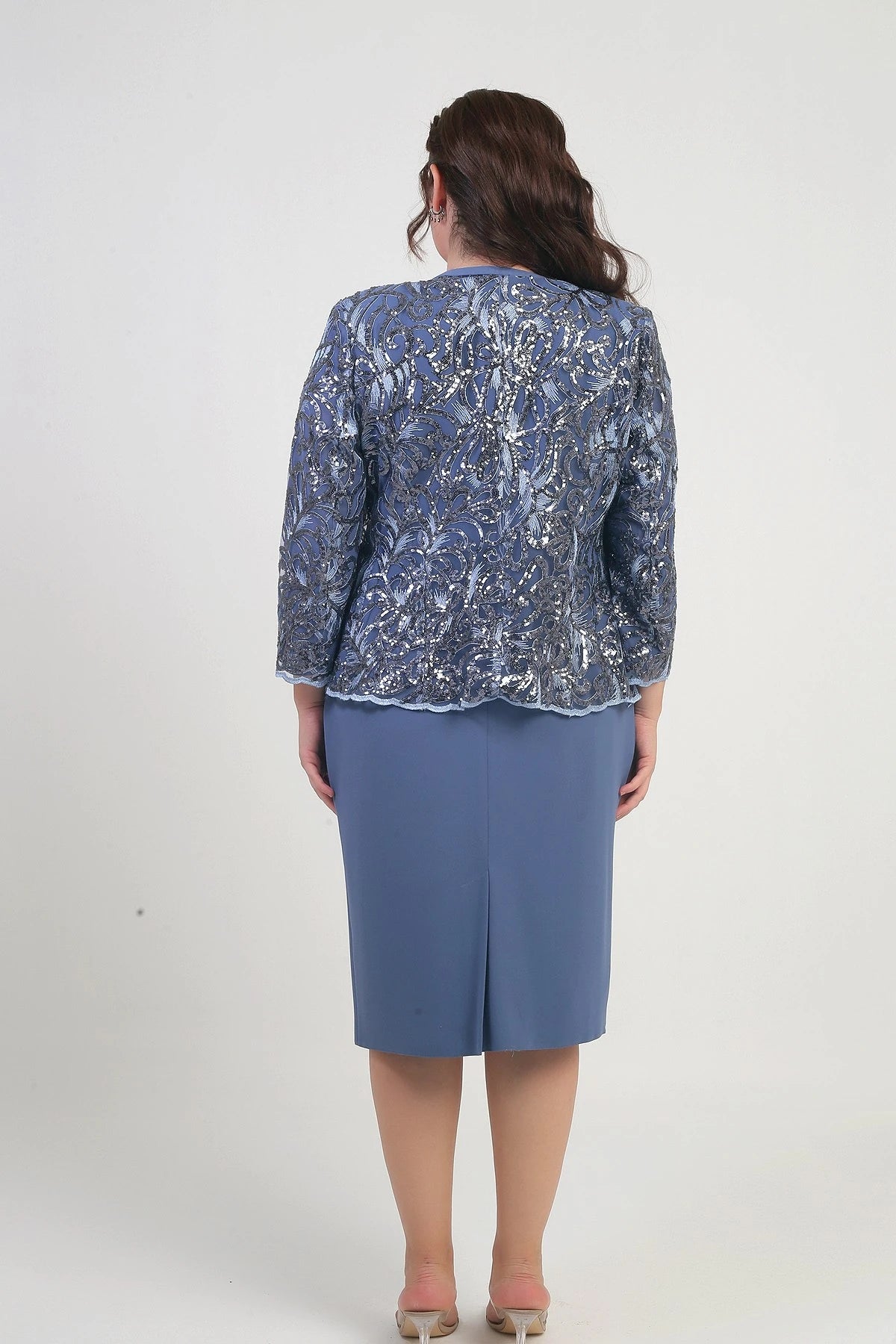 Image of Women's Sequin Embellished Beaded Tulle Jacket, Half-Moon Sleeve Short Dress, Lined Crepe, Plus Size 2-Piece Set