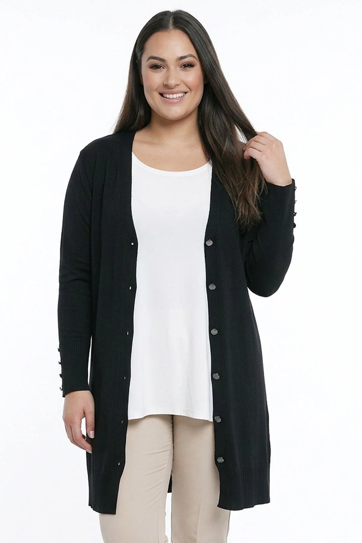 Image of Women's Plus Size Knitted Cardigan with Button Detail on Sleeves