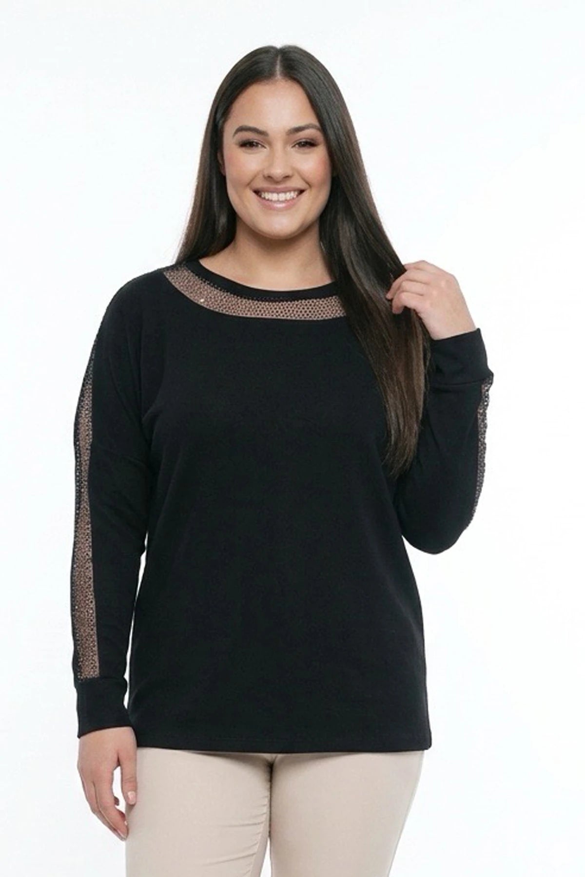 Image of Bluză de damă mărime mare cu imprimeu de pietre pe guler și mâneci, lycra, model căpșuni