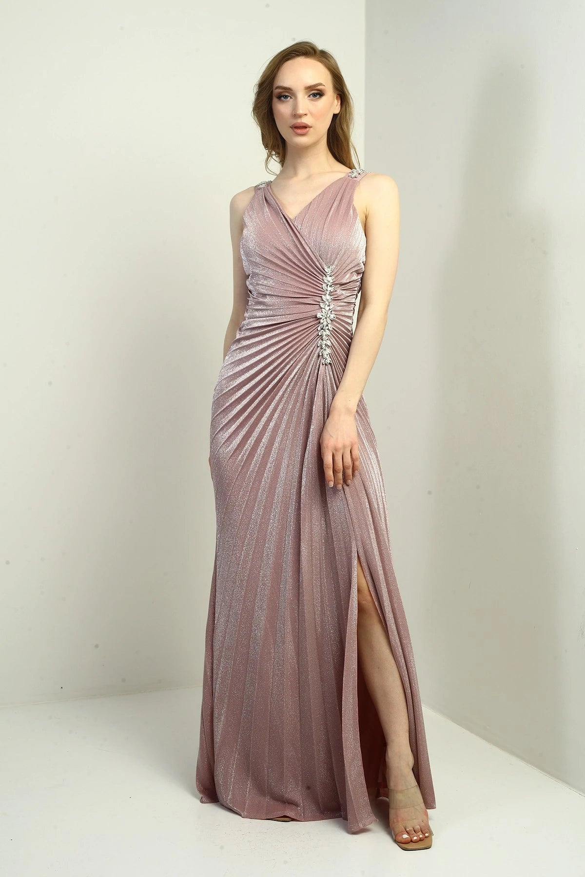 Image of Women's Wrap Neckline Long Evening Dress with Thick Shoulder Stone Detail, Stone Embellished Front, Gathered, and Slit