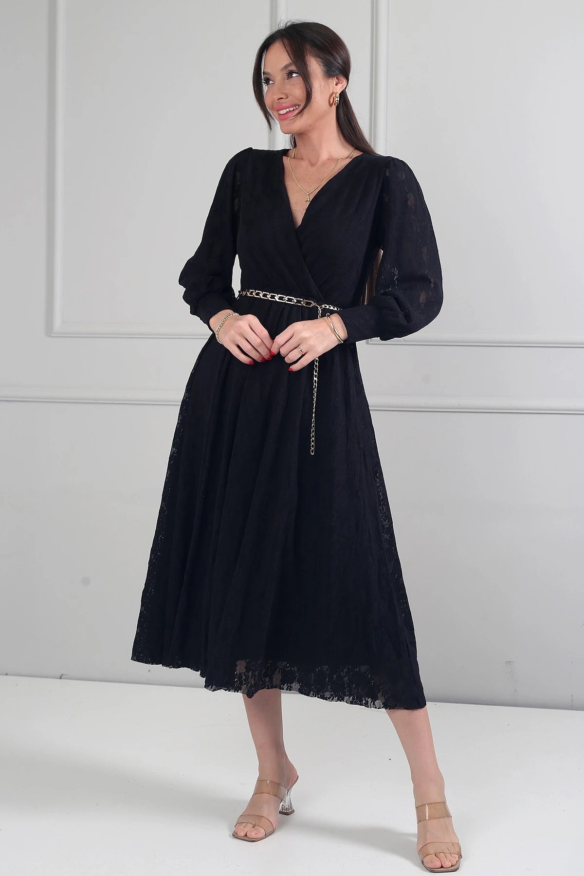 Image of Rochie midi din dantelă cu mânecă lungă și căptușeală, cu decolteu înfășurat și decolteu înfășurat pentru femei