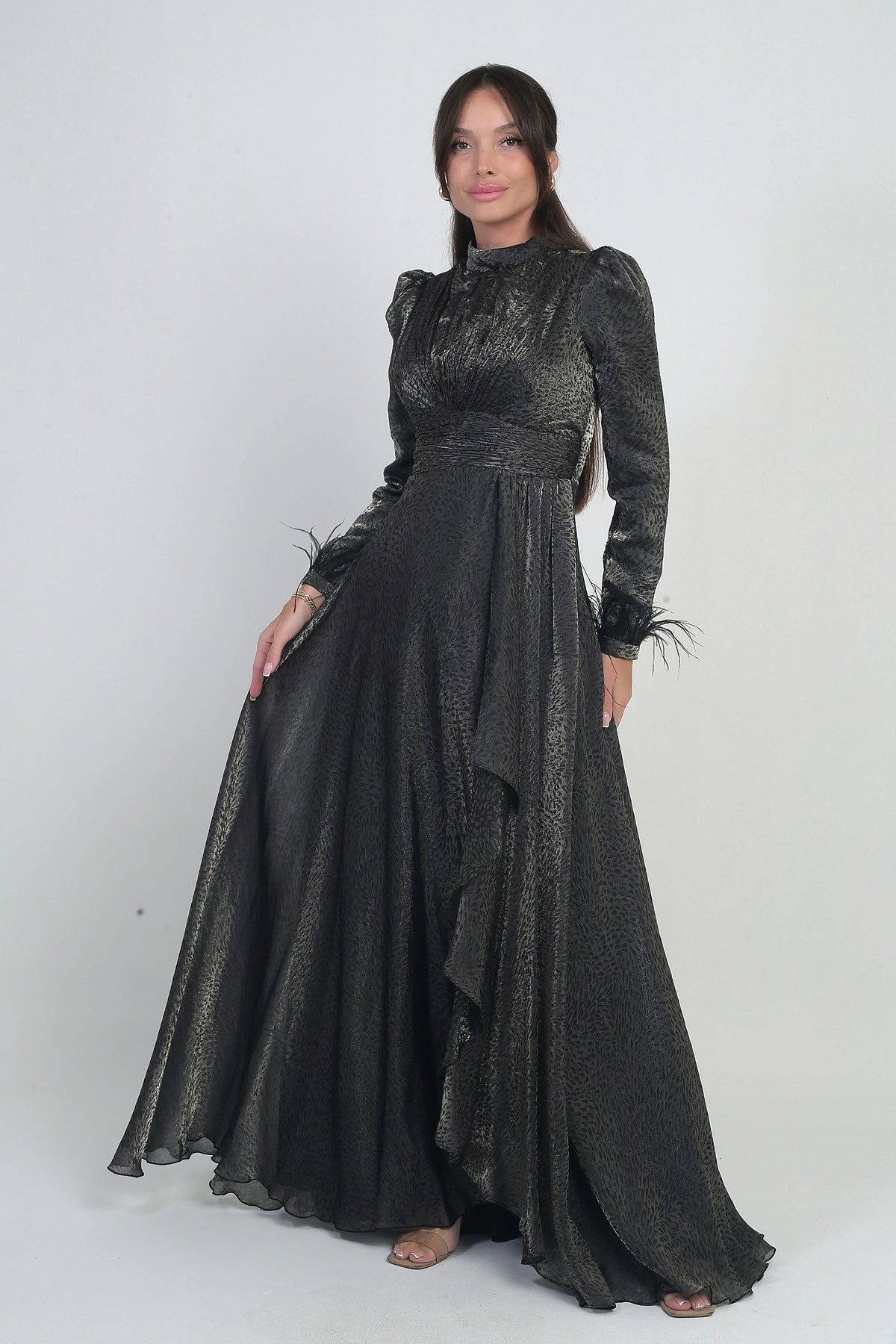 Image of Women's Long Flared Dress in Griter Chiffon with Draped Front, Ruffle Detail, Lined, and Feathered Sleeves.