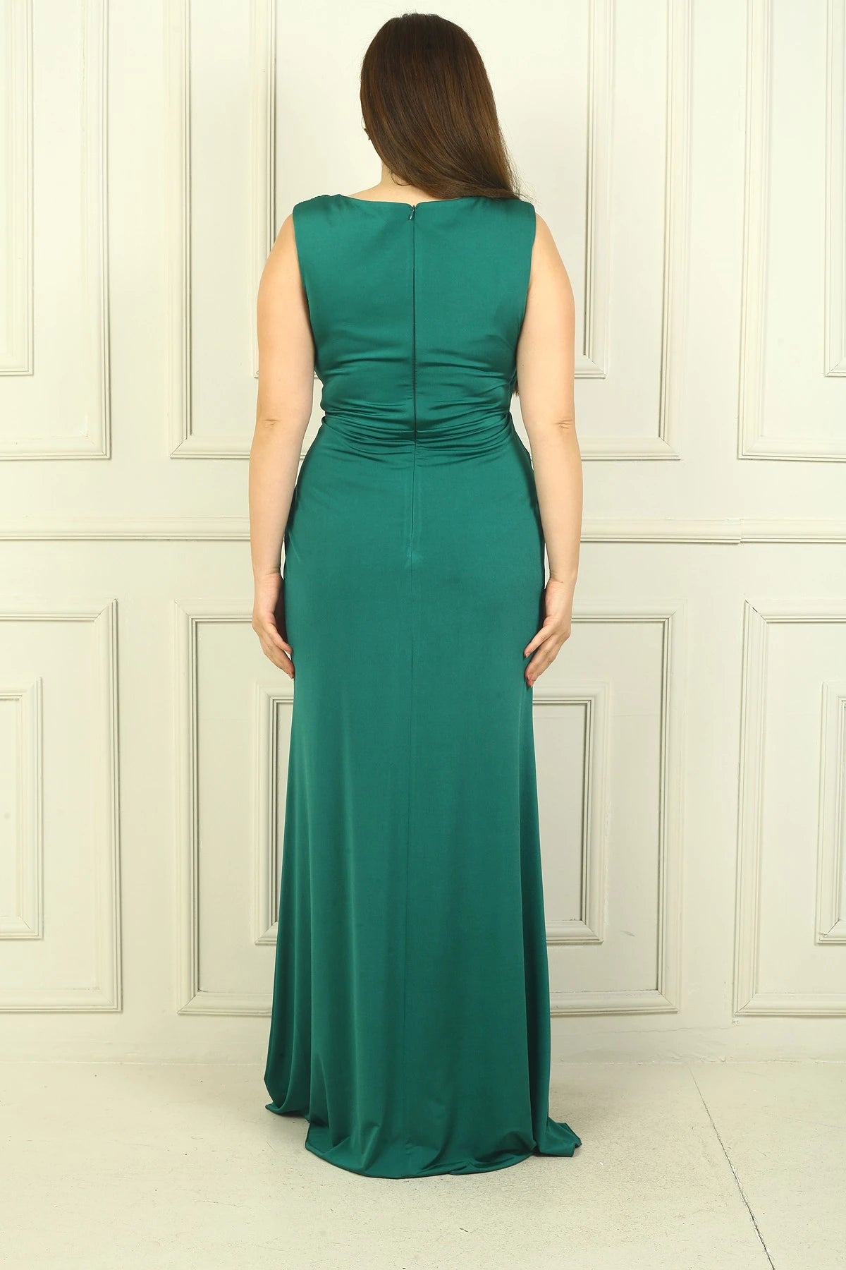 Image of Women's V-Neck Waist Buckle Draped Lined Front Slit Lycra Sandy Plus Size Long Dress