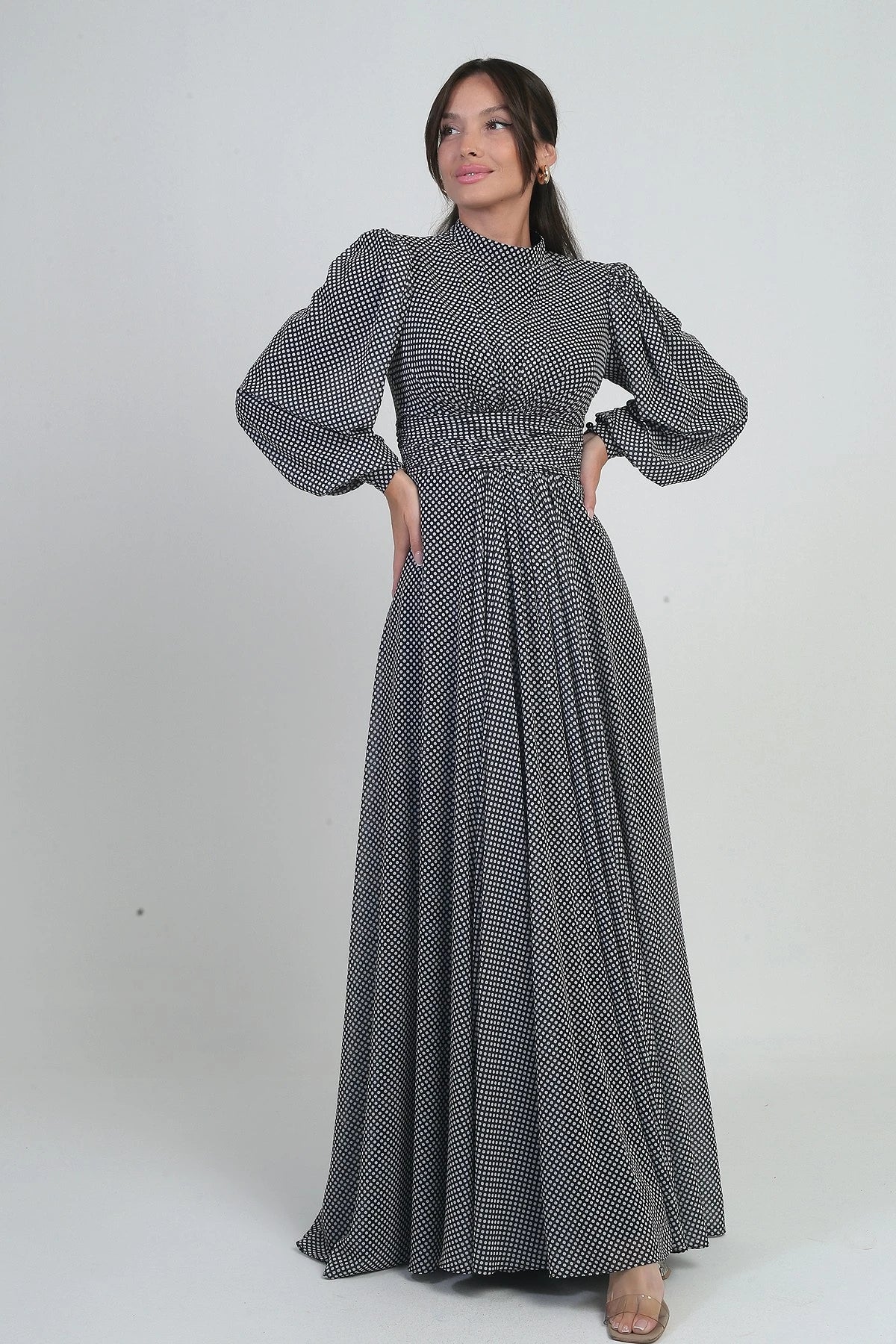 Image of Women's Long Chiffon Dress with Draped Front and Polka Dot Pattern.