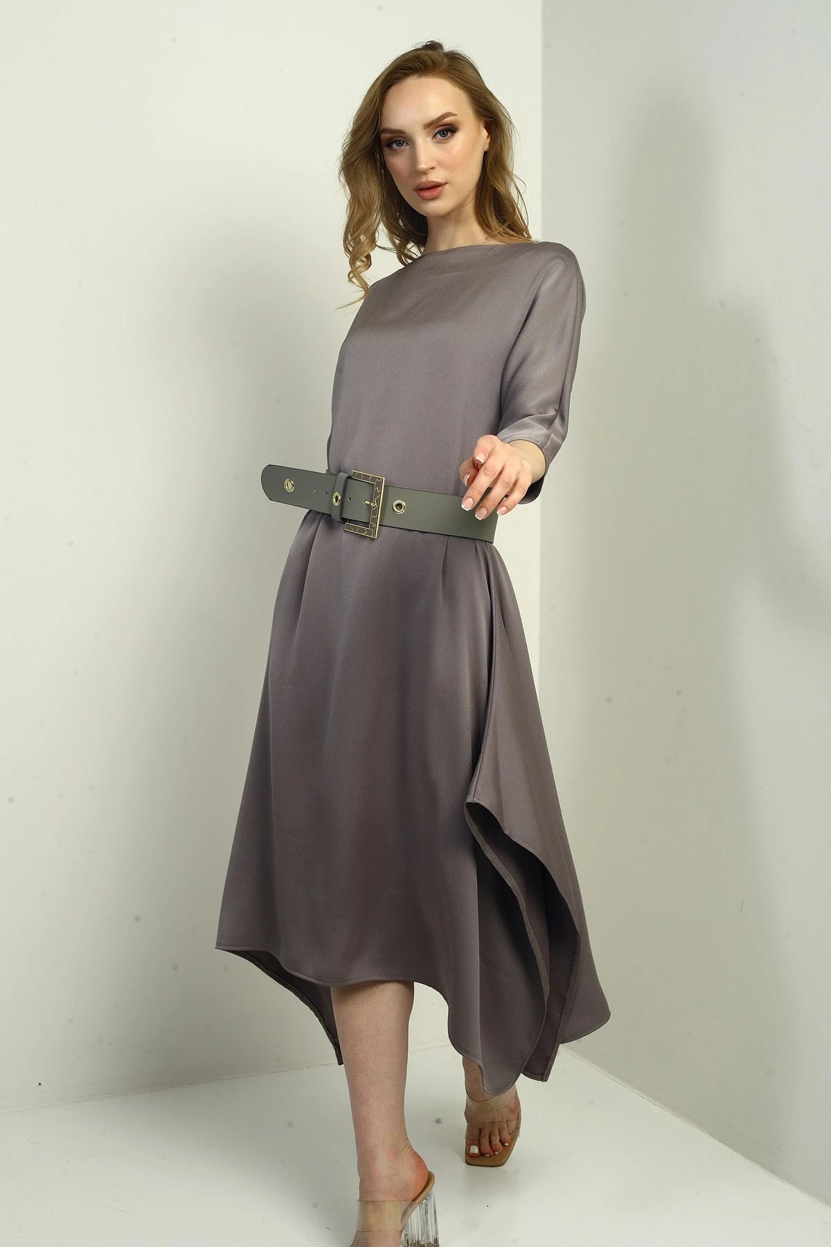Image of Women's Quarter Sleeve Asymmetrical Crepe Satin Midi Dress with Belted Waist