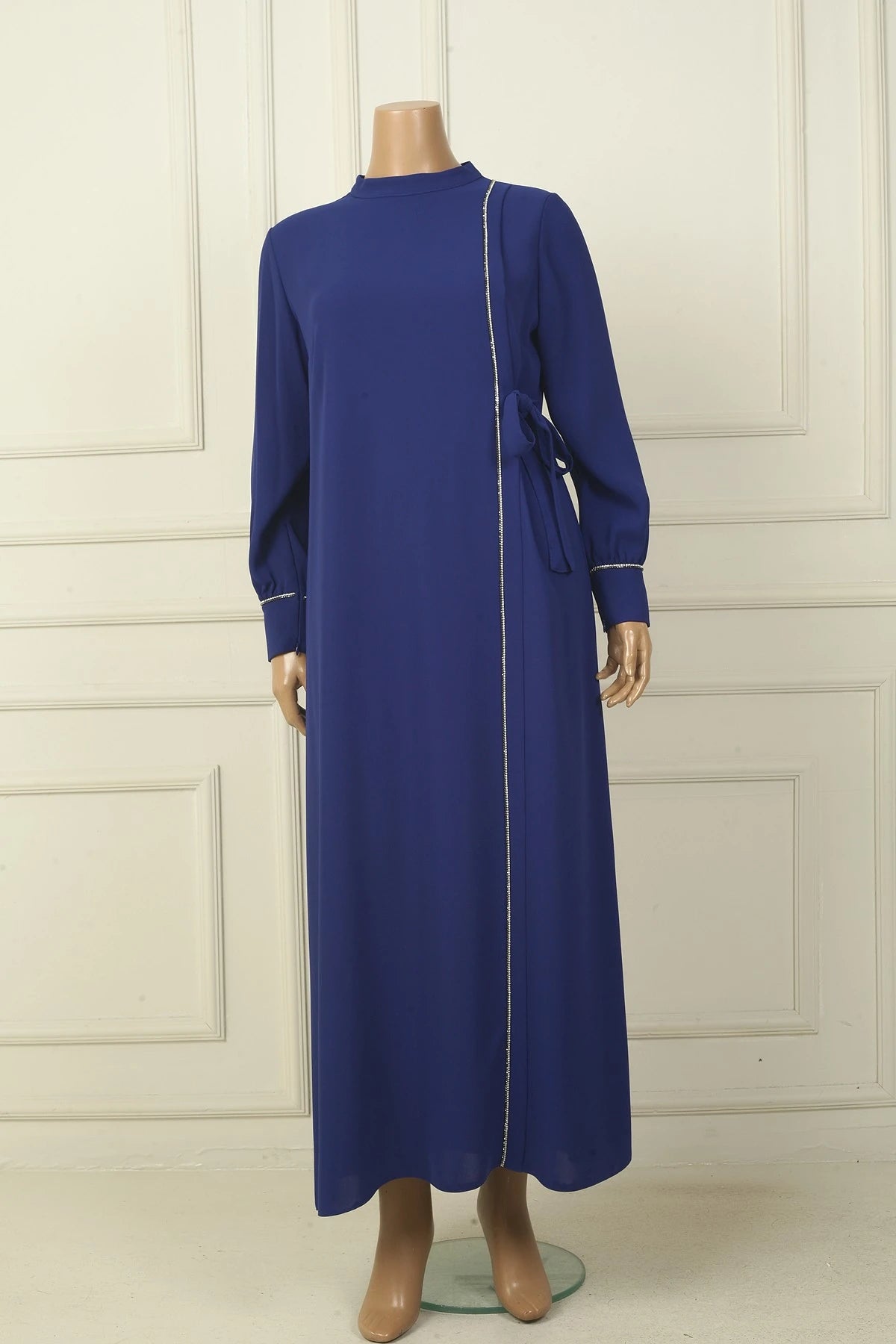 Image of Women's Plus Size Long Crepe Dress with Zippered Sleeves, Stone Embellishments, and Side Tie Closure