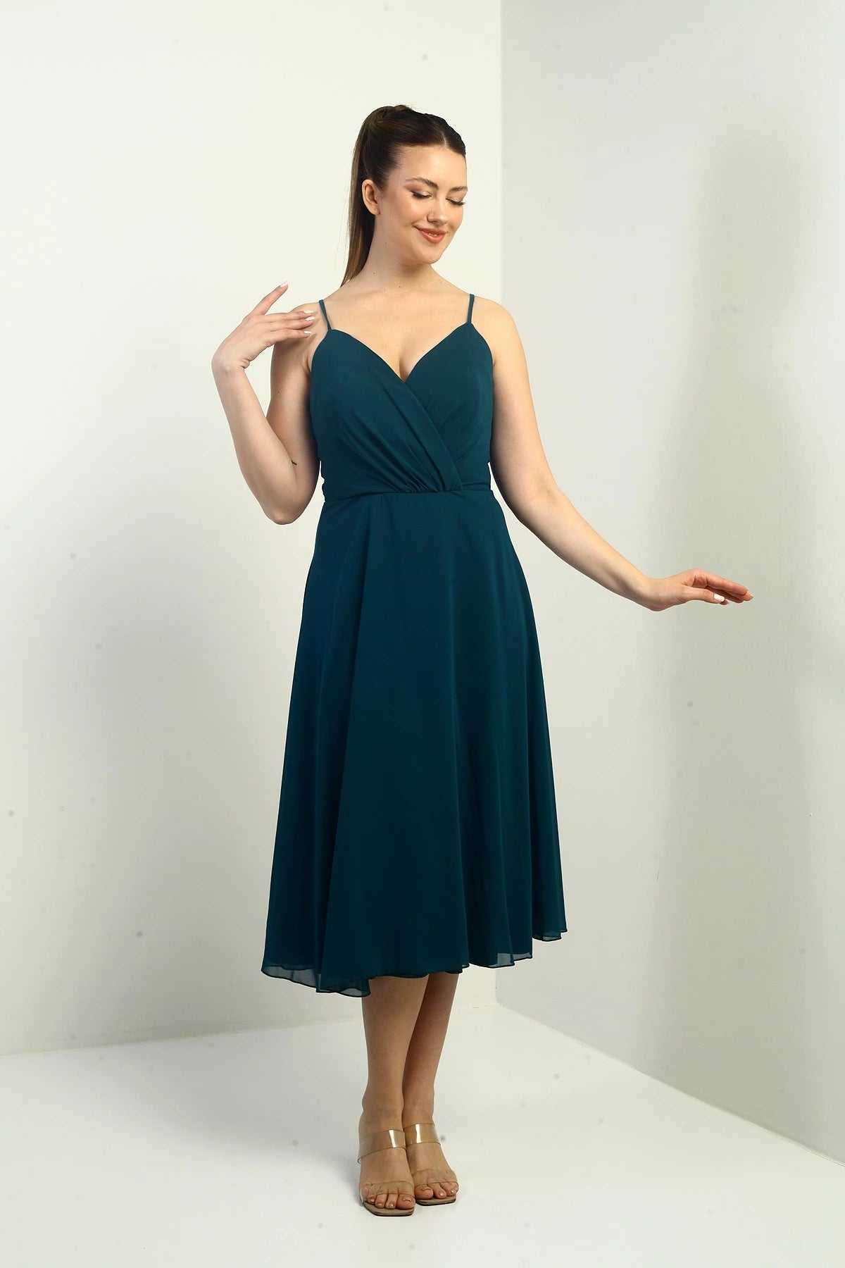 Image of Women's Strappy Wrap Neckline Lined Lace-Up Back Flared Chiffon Dress