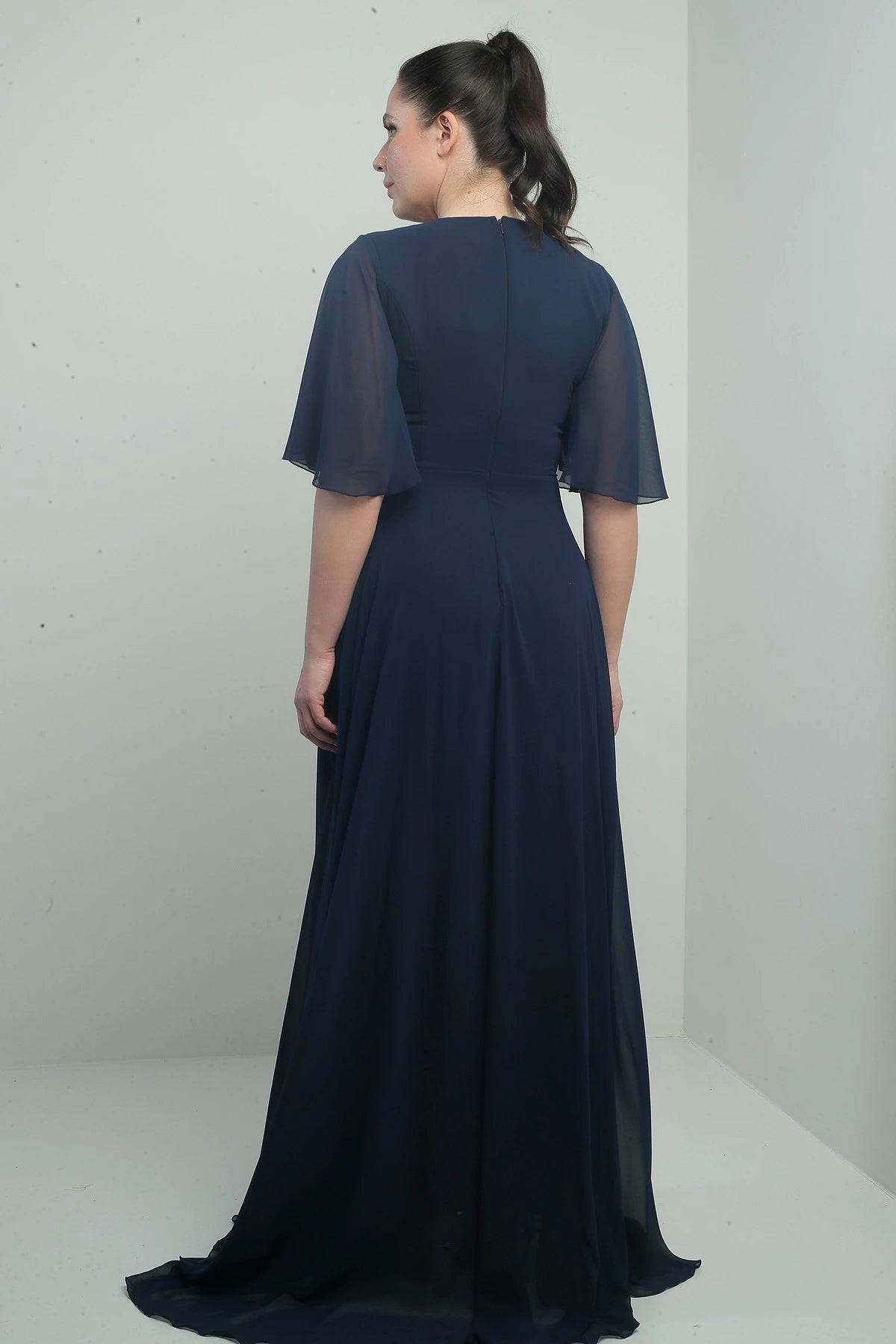 Image of Women's V-Neck, Waistband with Stone Embellishment, Draped, Lined, Plus Size Long Chiffon Dress