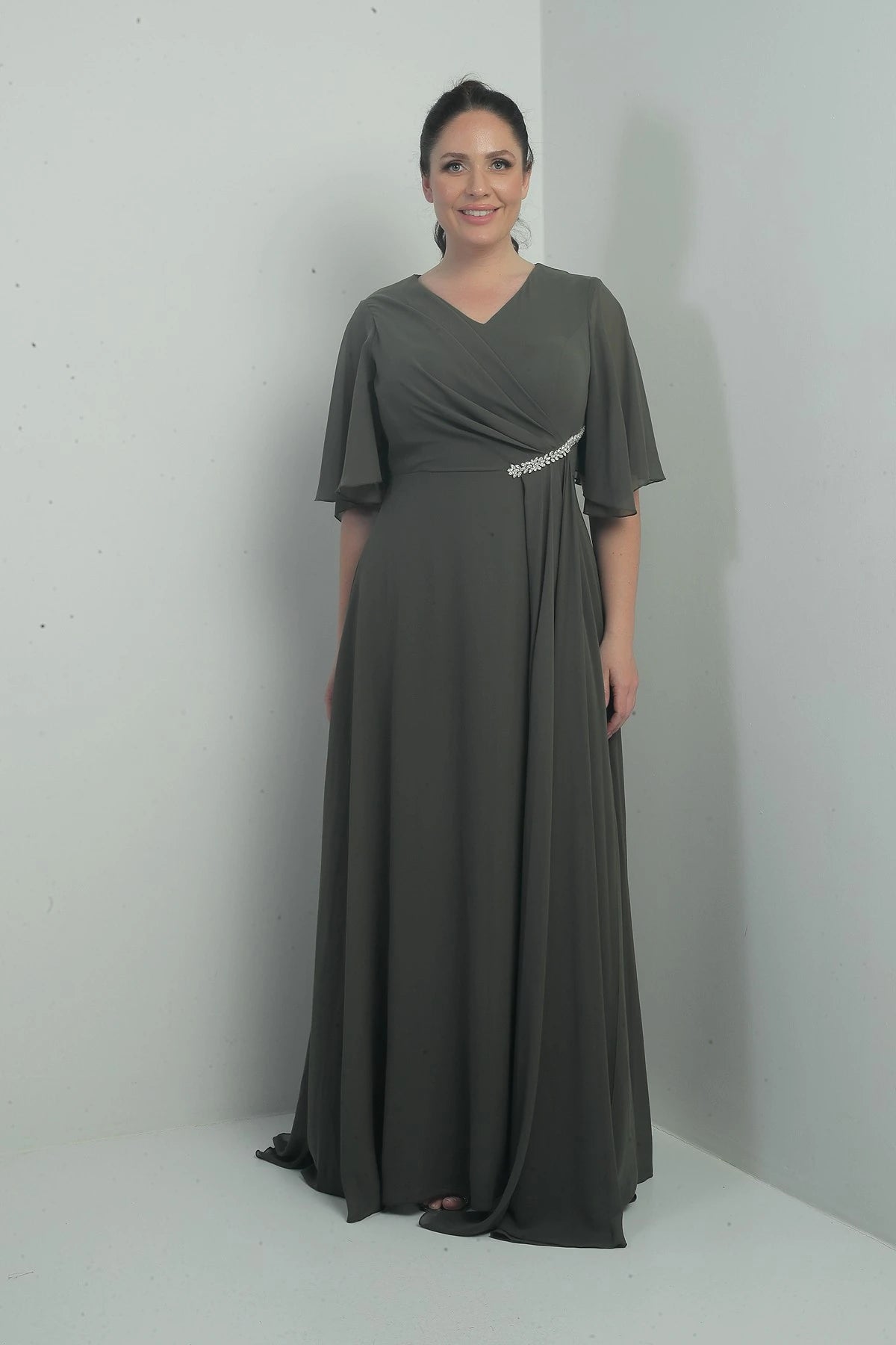 Image of Women's V-Neck, Waistband with Stone Embellishment, Draped, Lined, Plus Size Long Chiffon Dress