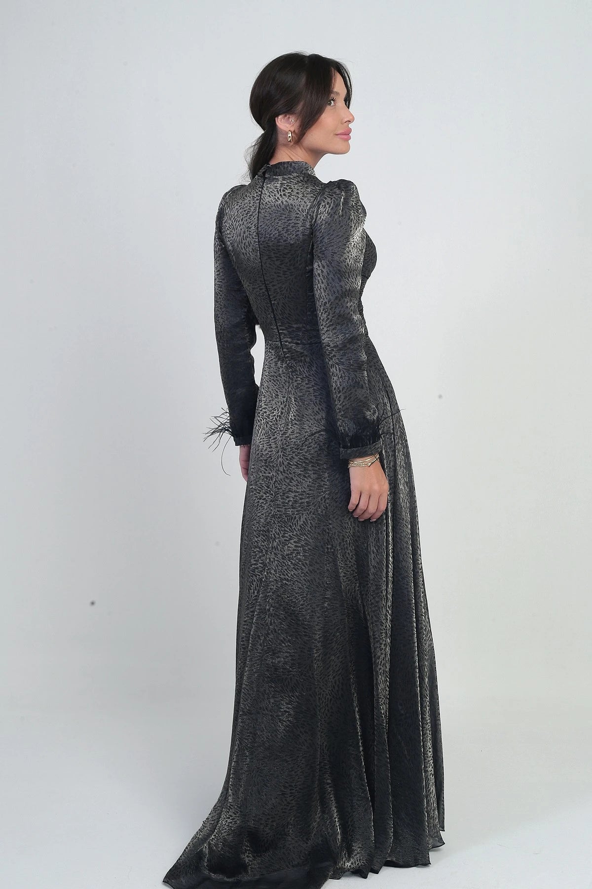 Image of Women's Long Flared Dress in Griter Chiffon with Draped Front, Ruffle Detail, Lined, and Feathered Sleeves.