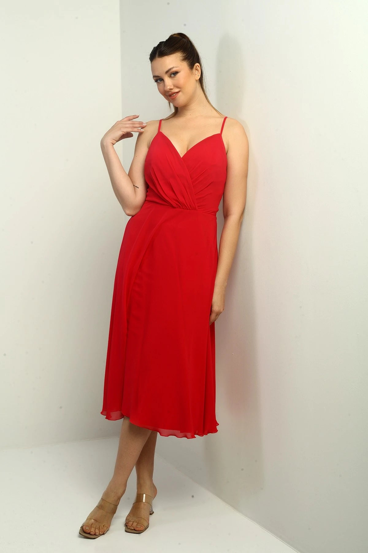 Image of Women's Strappy Wrap Neckline Lined Lace-Up Back Flared Chiffon Dress