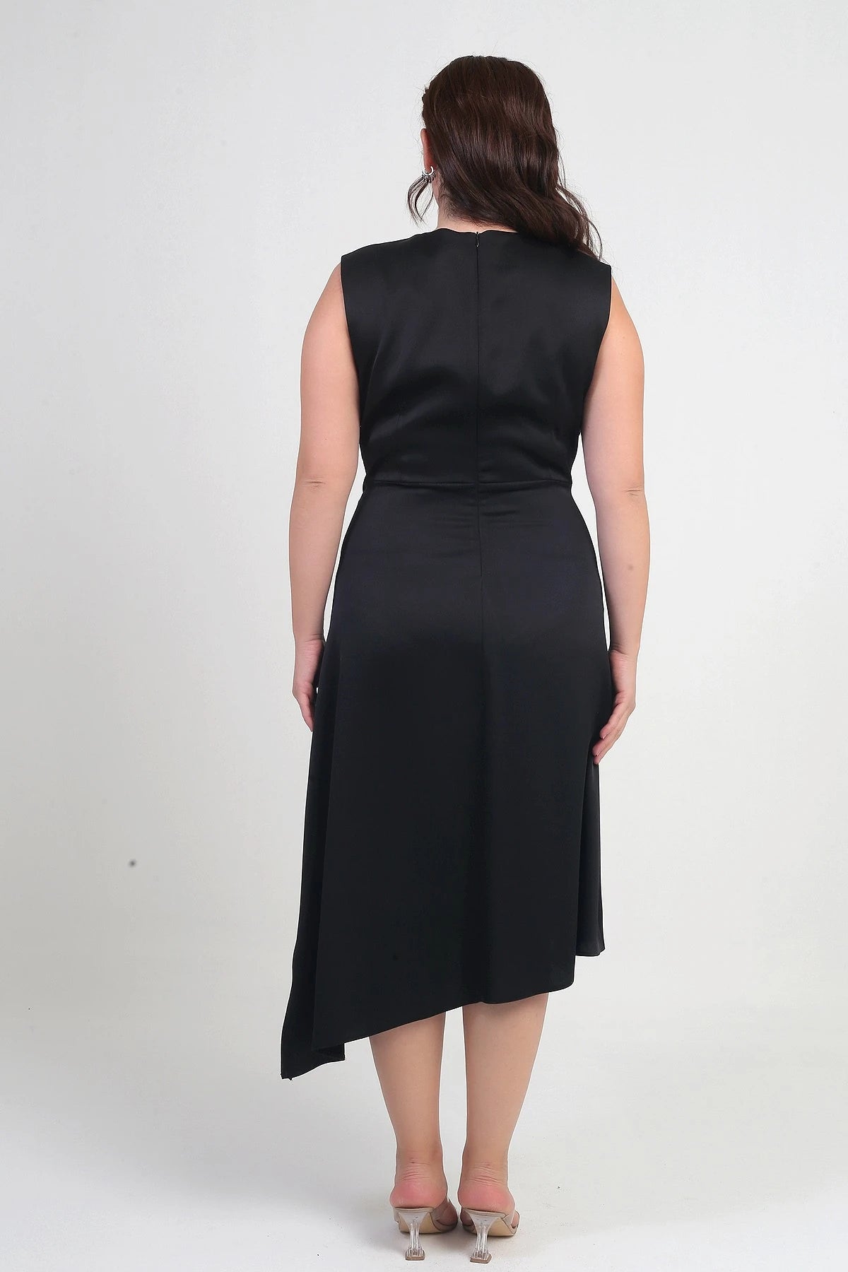Image of Rochie de damă cu imprimeu floral, asimetrică, din crep satinat, mărime plus