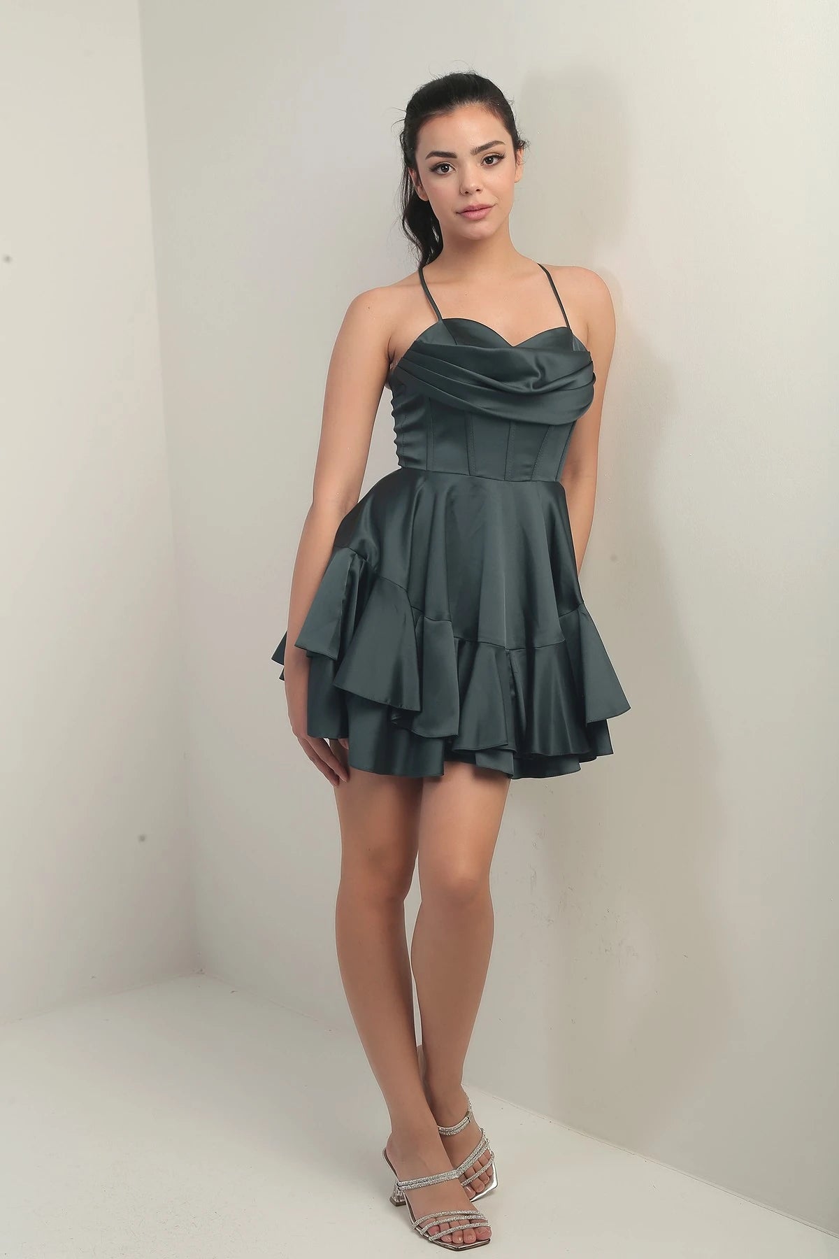 Image of Women's Strappy Back Tie Underwired Short Satin Dress with Layered Lining