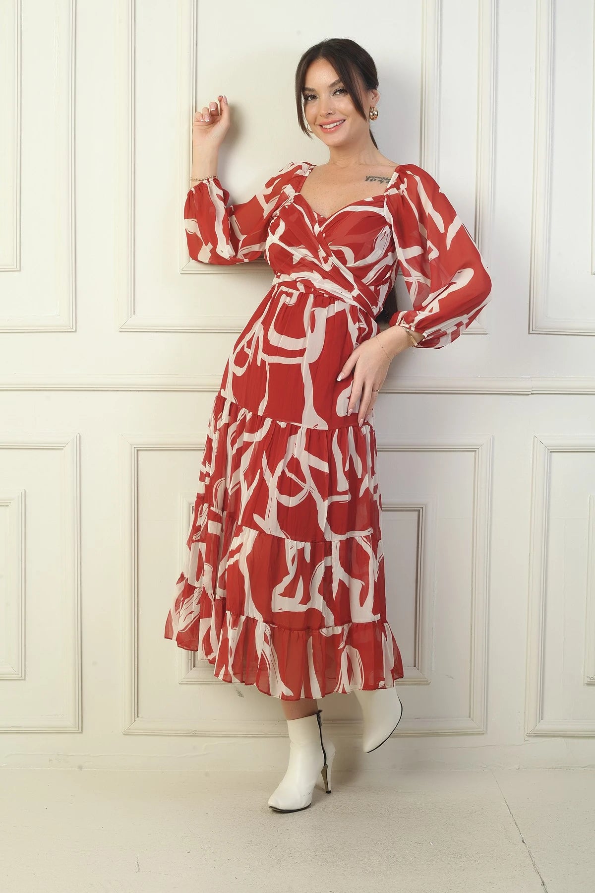 Image of Madonna Neckline Lined Cross-Tie Abstract Pattern Wrap Chiffon Dress
