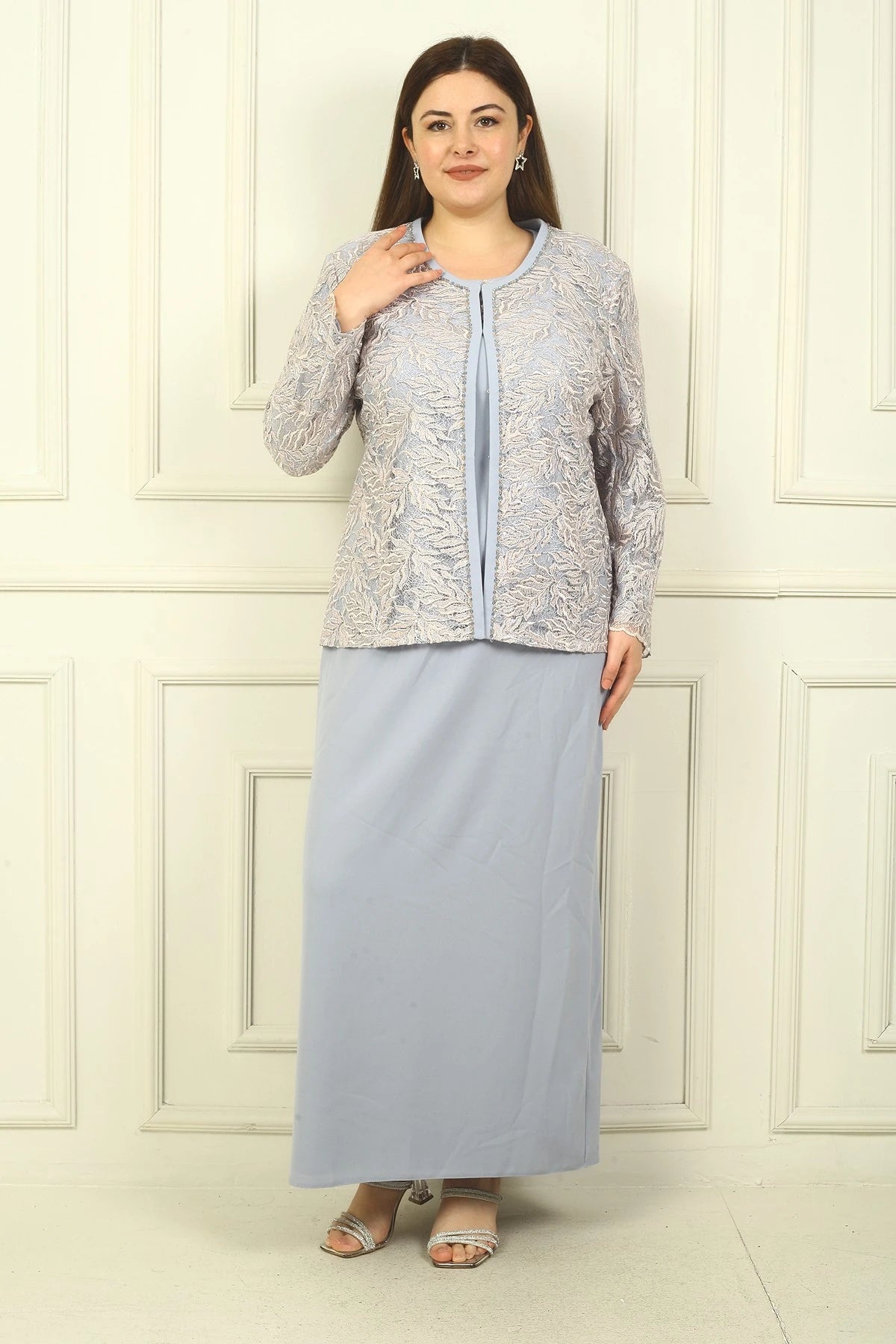 Image of Long Dress with Beaded Collar, Plus Size Two-Piece Set with Beaded and Sequin Embroidered Jacket, Lined.