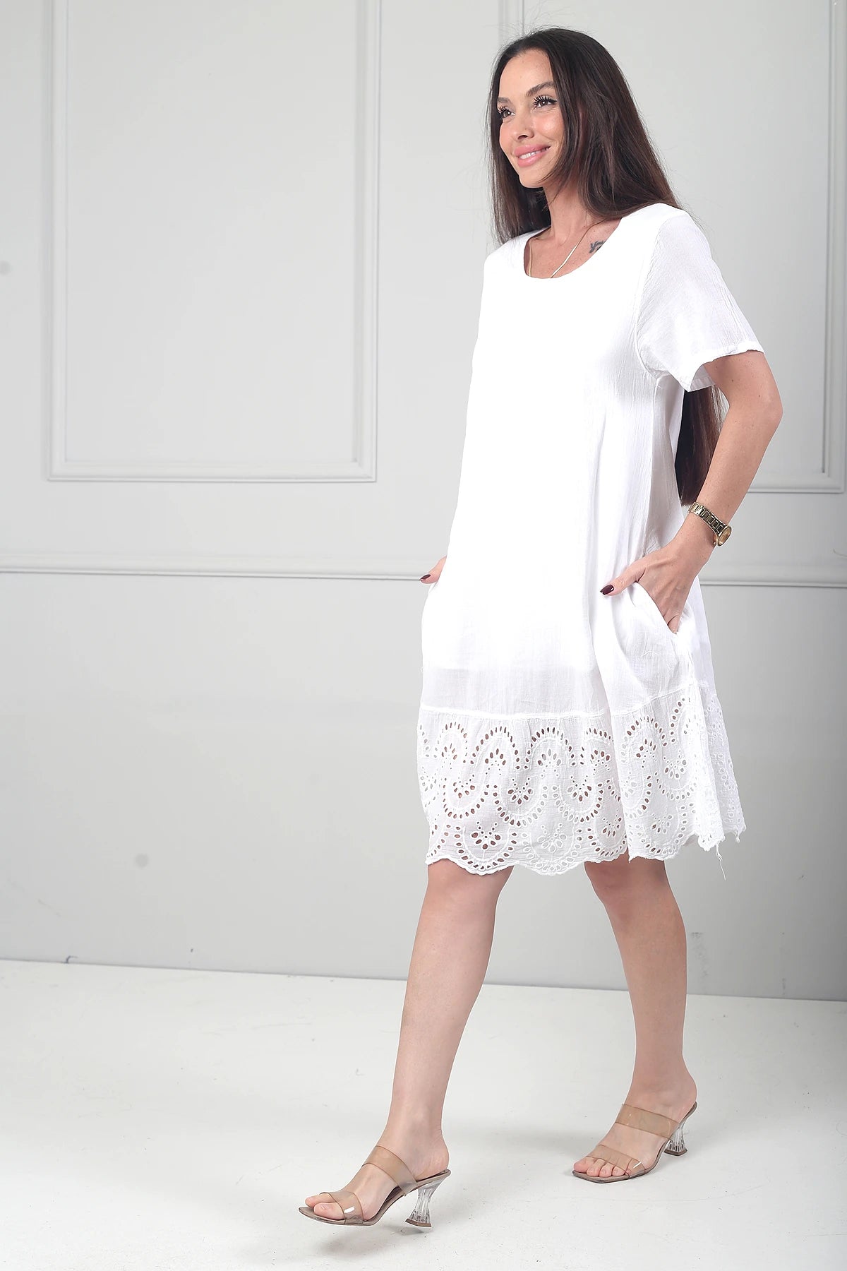Image of Kadın İtalyan Kısa Kollu Eteği Fisto Astarlı Cepli Cotton Midi Elbise