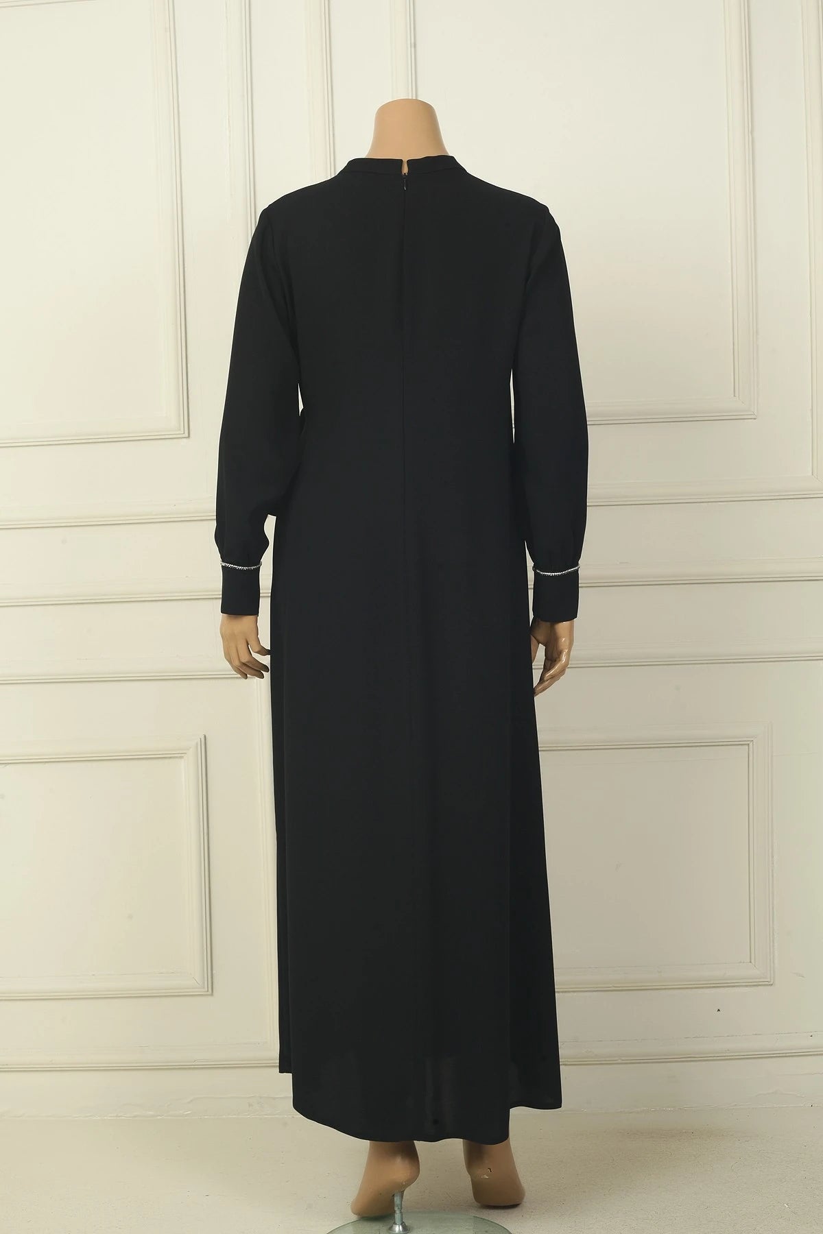 Image of Women's Plus Size Long Crepe Dress with Zippered Sleeves, Stone Embellishments, and Side Tie Closure