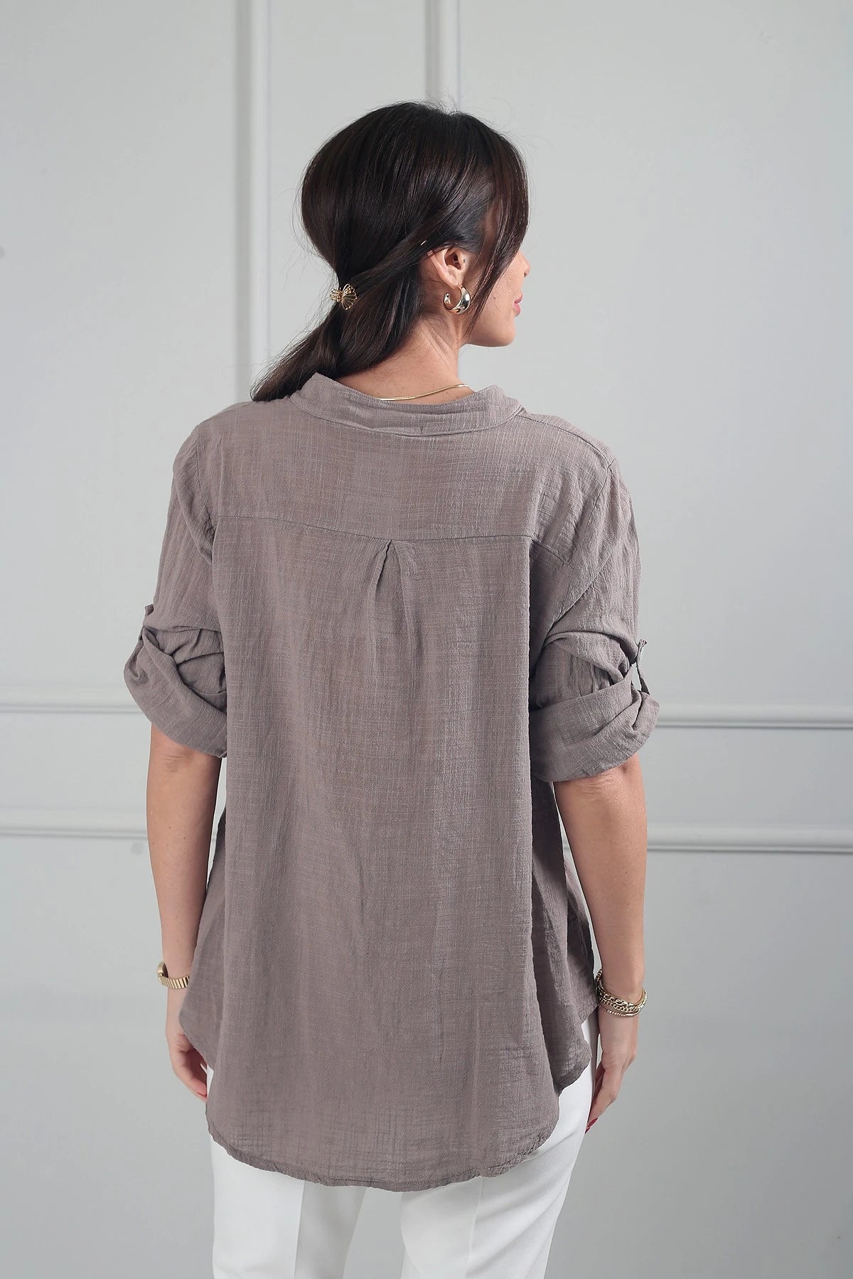Image of Women's Oversize Imported Linen Shirt with Sequin Details and Single Pocket