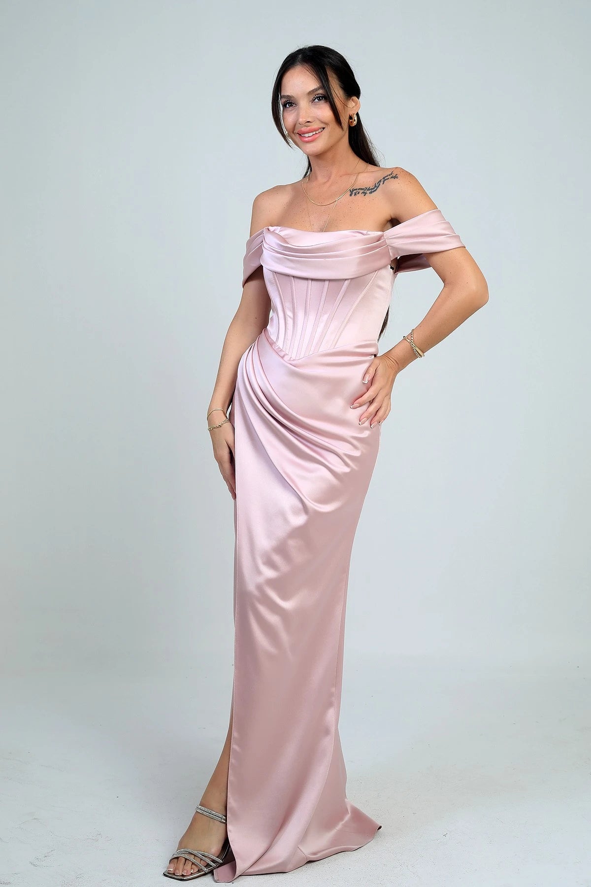 Image of Women's Strapless Low-Sleeve Lined Underwired Satin Long Dress