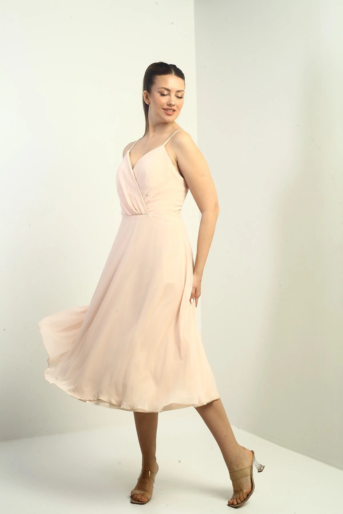 Image of Women's Strappy Wrap Neckline Lined Lace-Up Back Flared Chiffon Dress