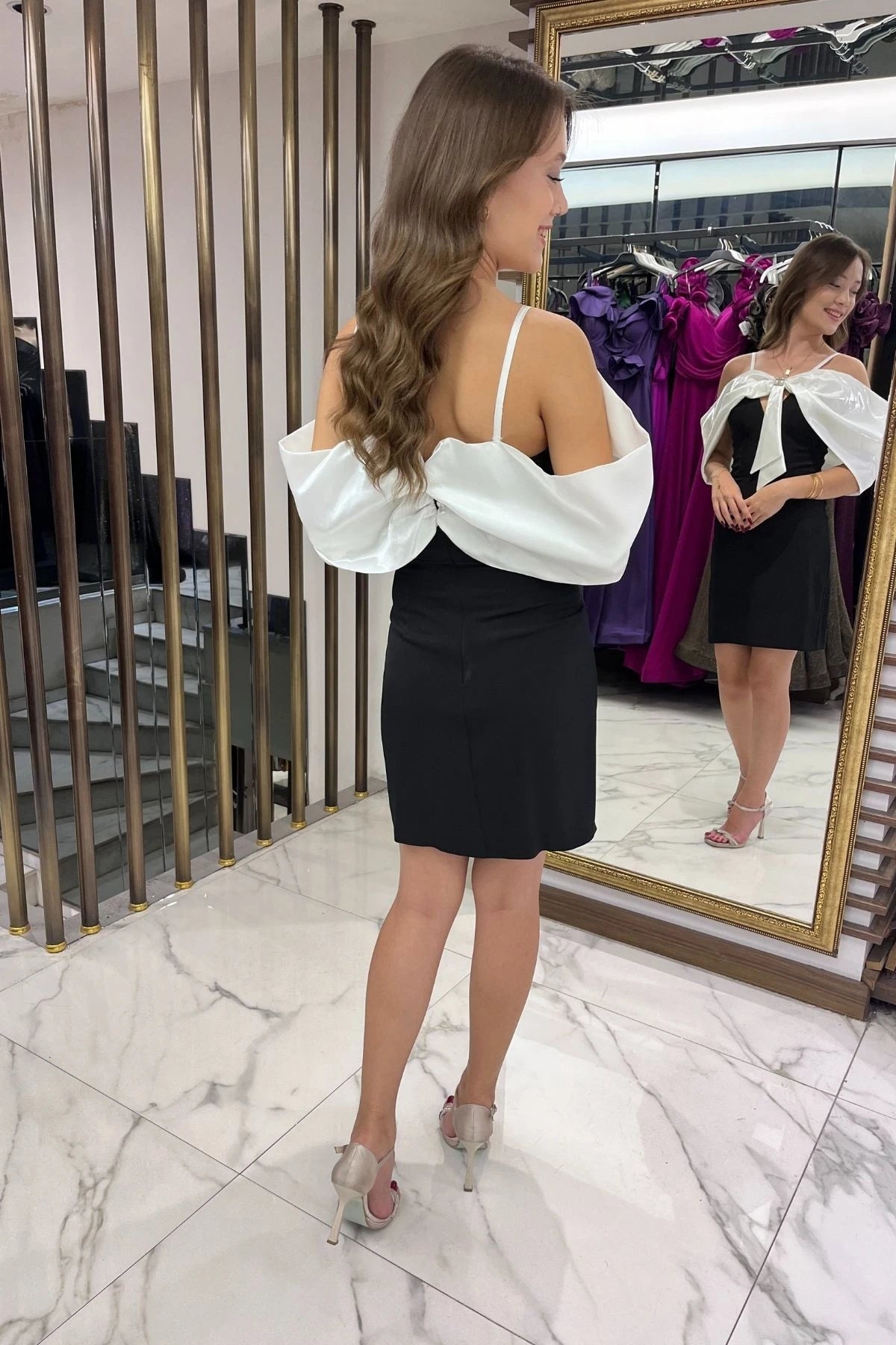Image of Women's Strappy Satin Short Dress with Stone Embellishments and Lining, and Bow Detail