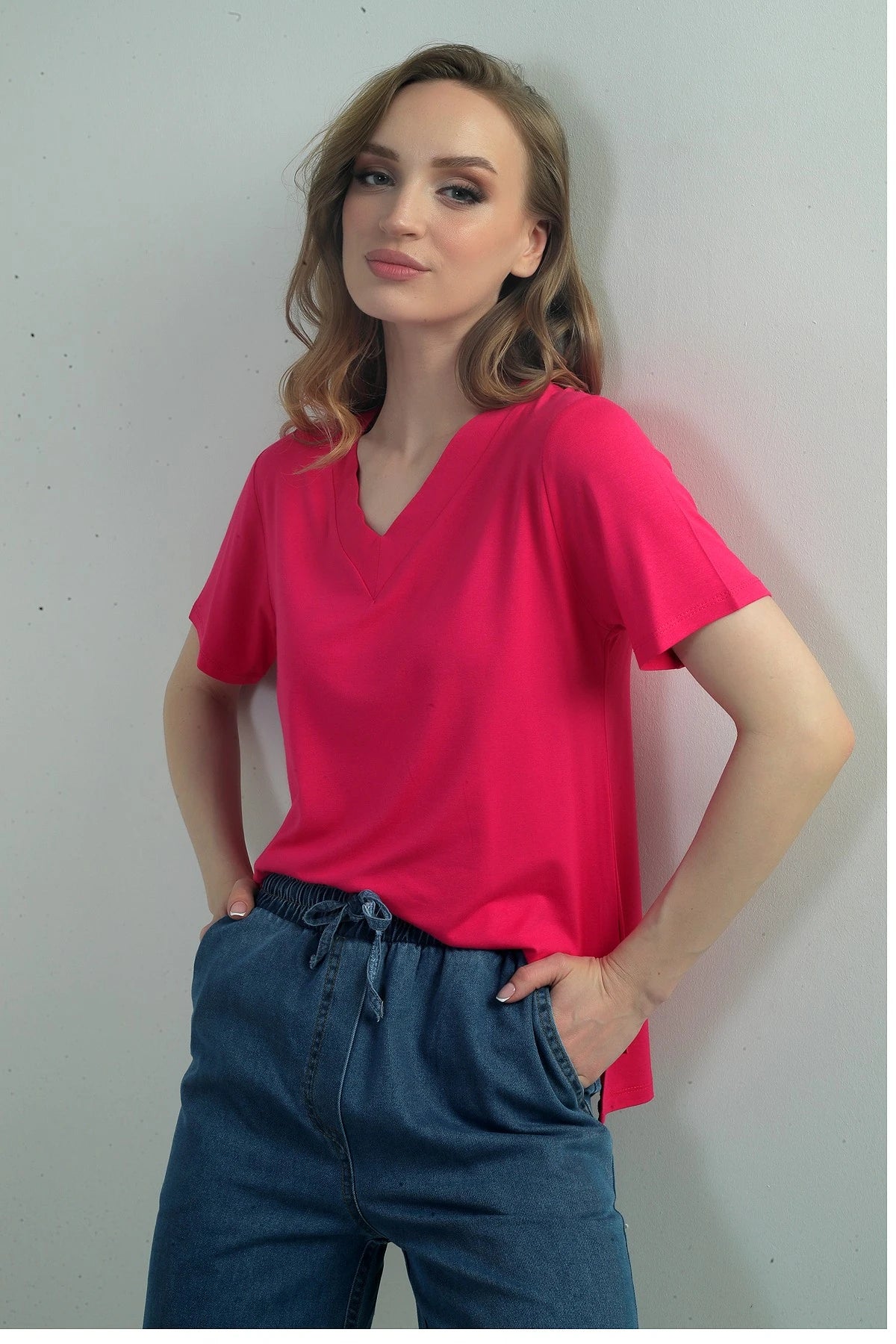 Image of Women's V-Neck Short-Sleeve Blouse with Slit