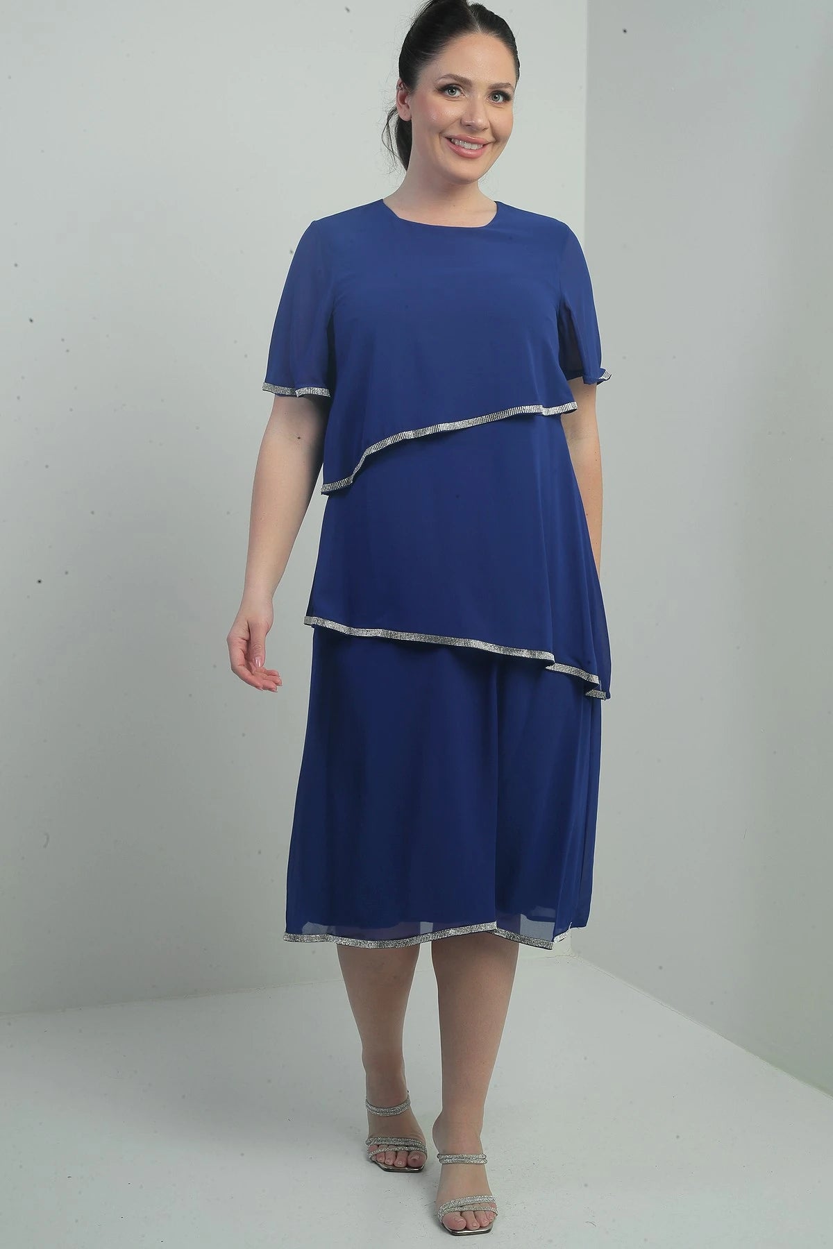 Image of Women's Plus Size Dress with Stone Embellishments, Lined, Short Sleeves, and Three Layers of Chiffon.