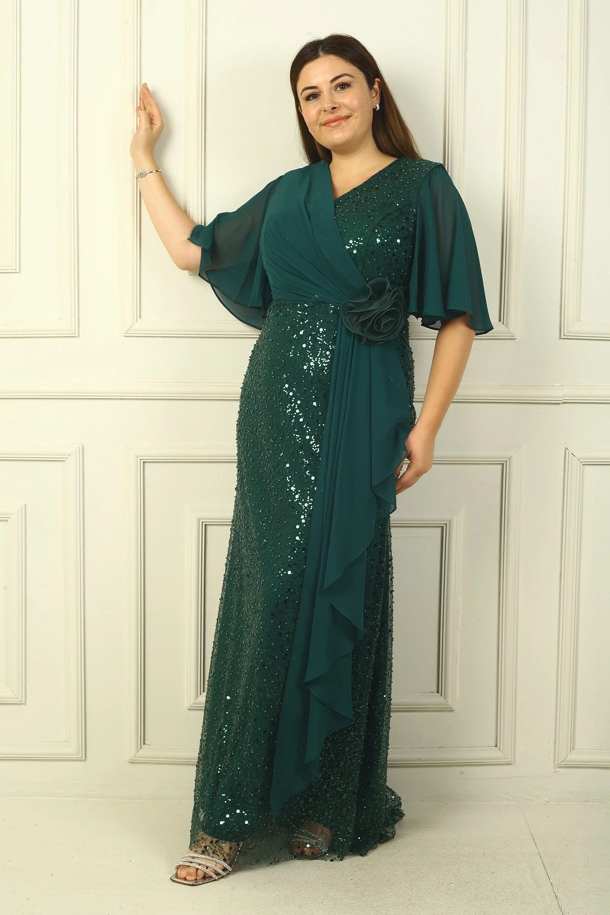 Image of Women's Beaded and Sequined Chiffon Lined Long BB Dress