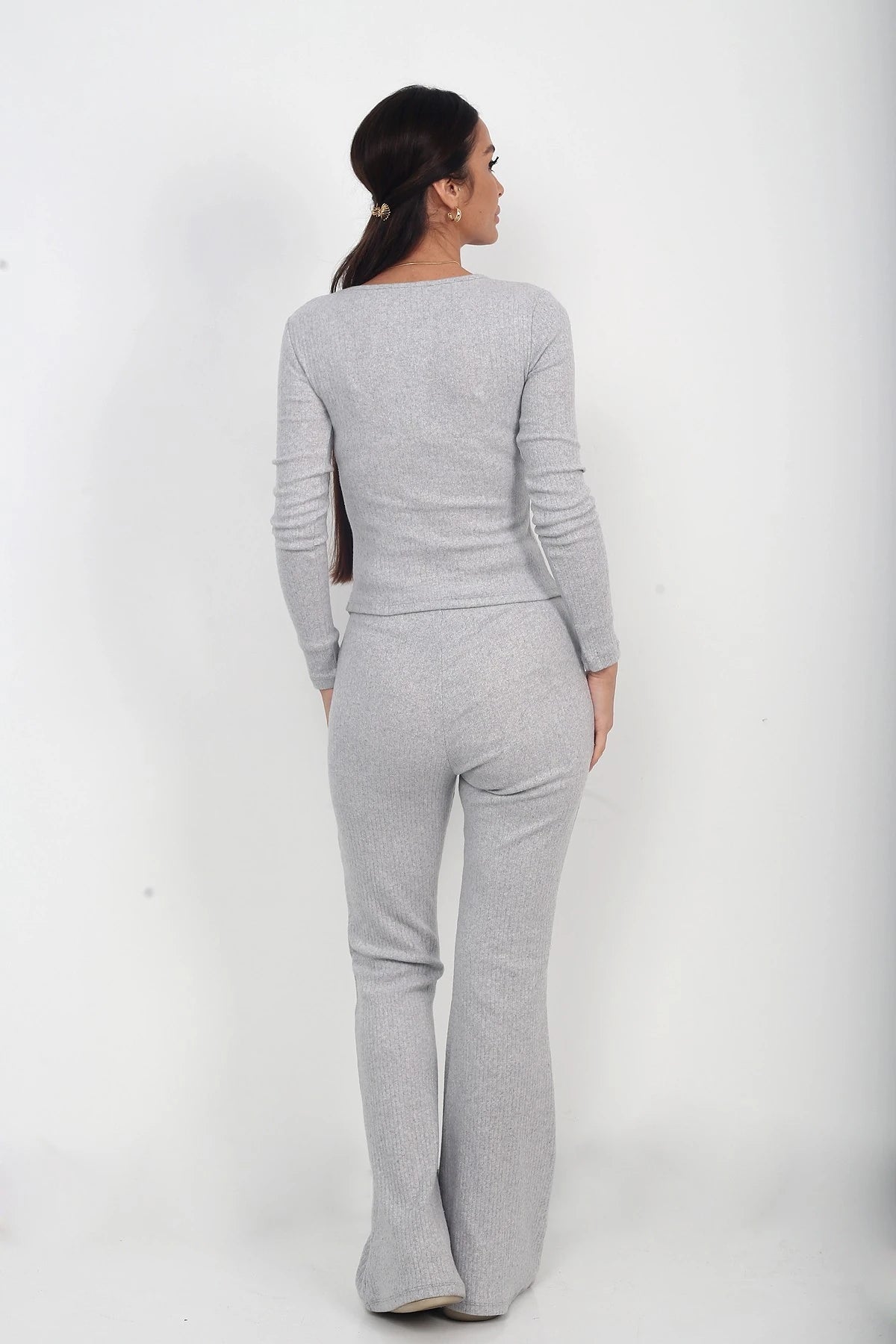 Image of Women's Gold Buttoned Long-Sleeve Blouse and Elastic Waist Wide-Leg Trousers 2-Piece Set