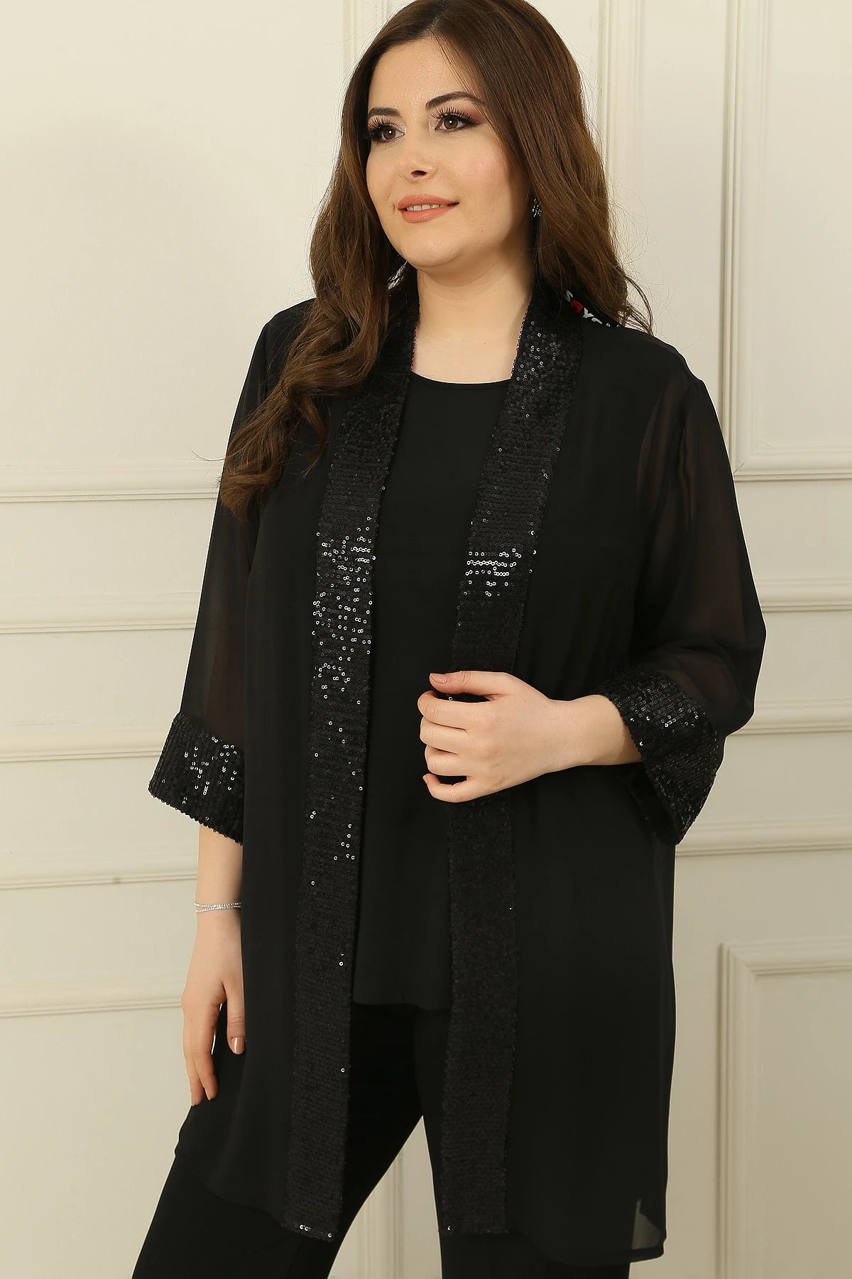 Image of Shawl Collar Sequin Detail Chiffon Jacket and Sleeveless Blouse Set, Plus Size, 2-Piece