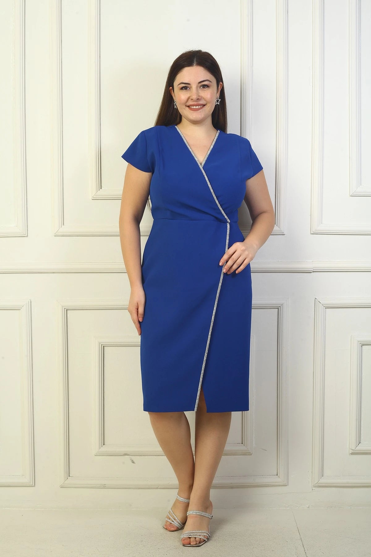 Image of Women's Wrap Neck Half-Moon Sleeve Embellished Front Slit BB Dress