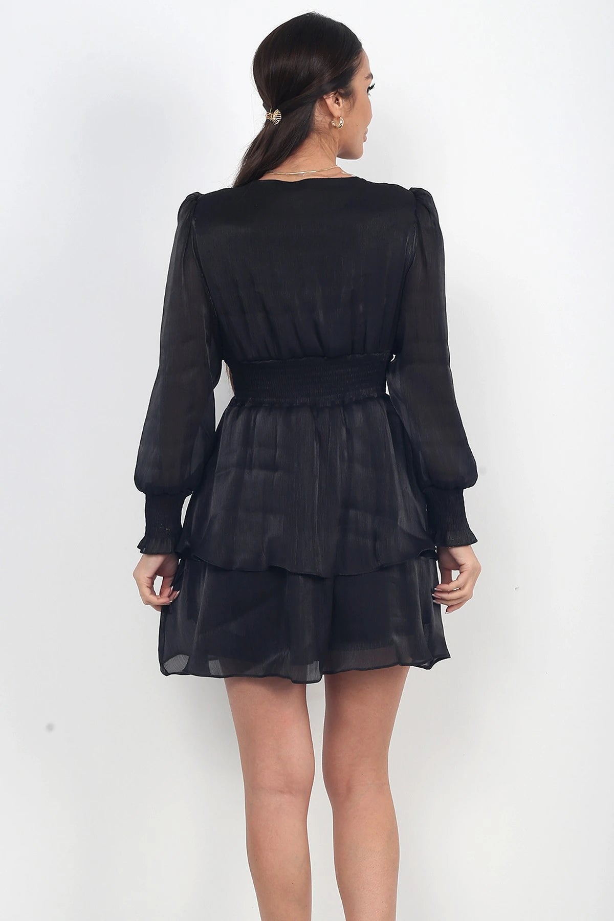 Image of Women's Wrap Neckline Lined Layered Chiffon Short Dress with Elastic Waistband