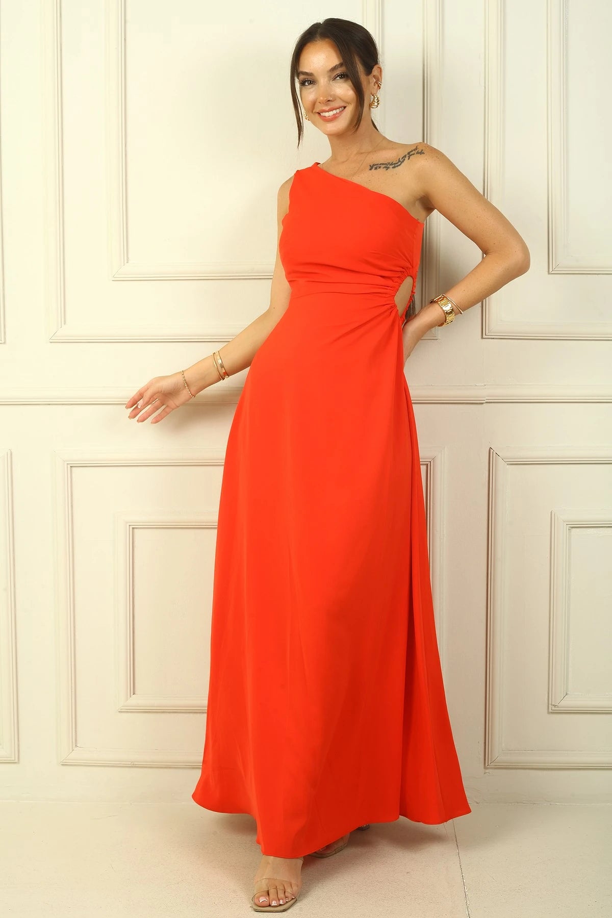 Image of Women's One-Shoulder Long Crepe Satin Dress with Side Window Detail